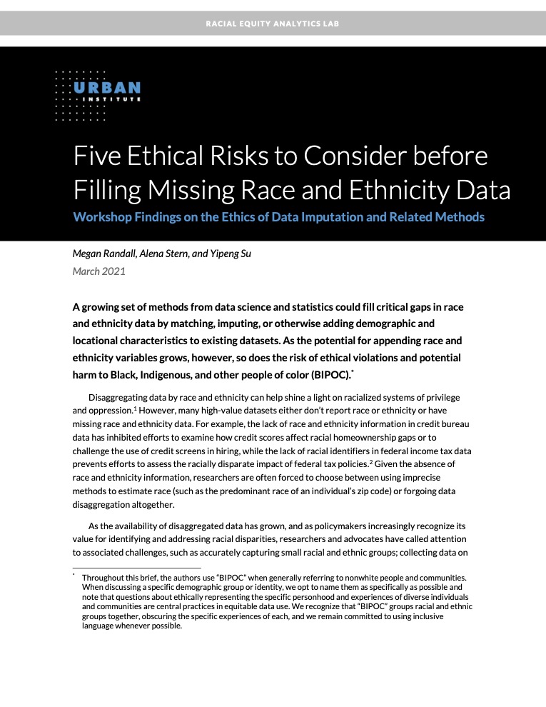 Report Cover PDF: Five Ethical Risks to Consider before Filling Missing Race and Ethnicity Data