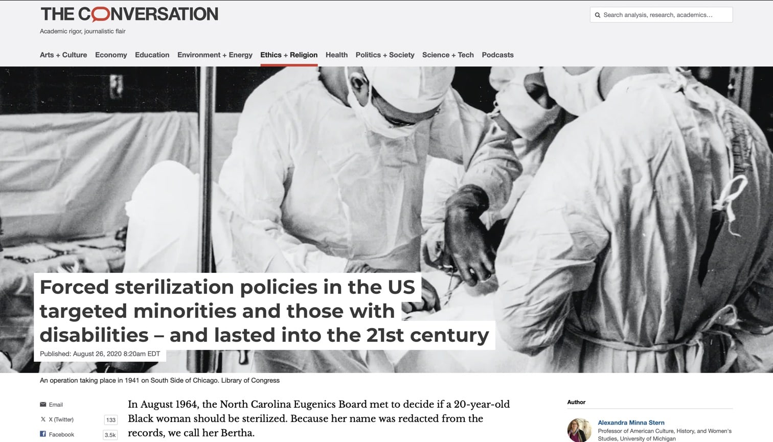 Screen shot of beginning of article: Forced Sterilization Policies in the US Targeted Minorities and Those With Disabilities - and Lasted Into the 21st Century