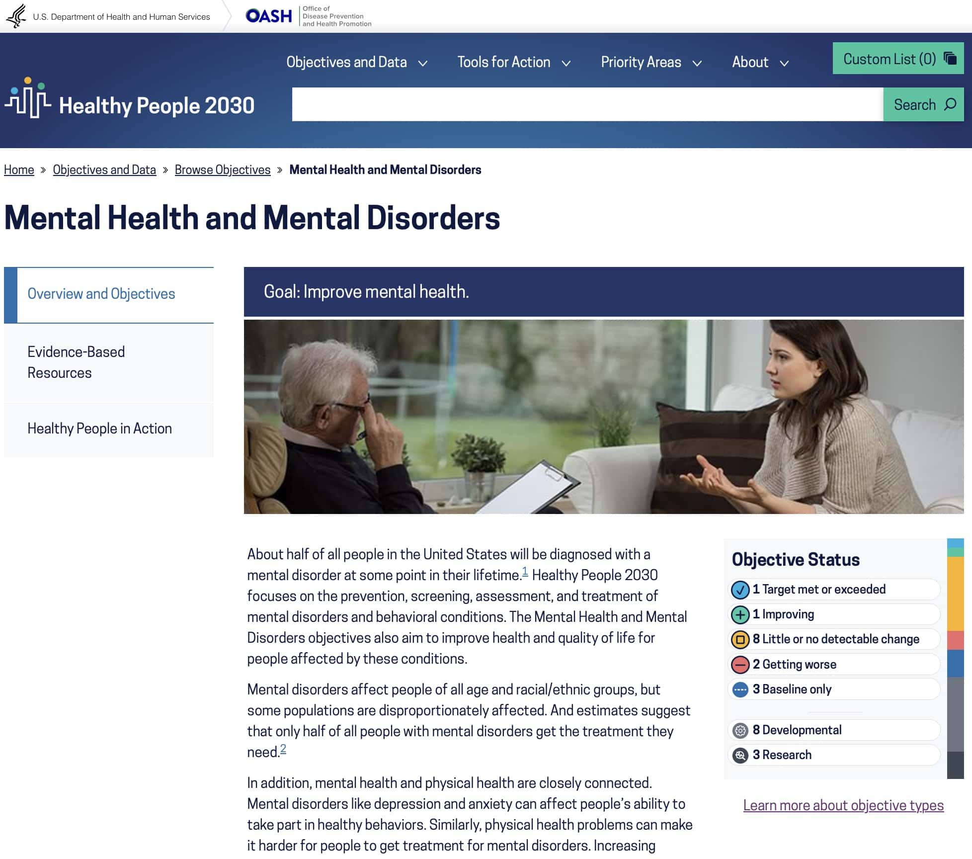 Screen capture of Health People 2030: Mental Health and Mental Disorders