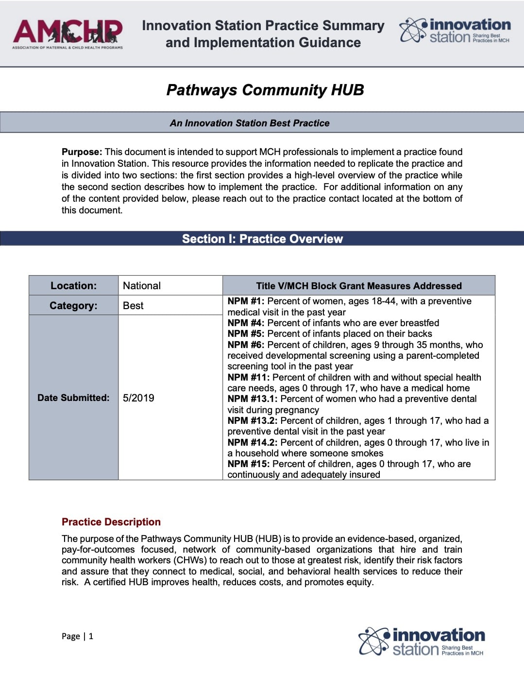 First page of Innovation Station Practice Summary and Implementation Guidance