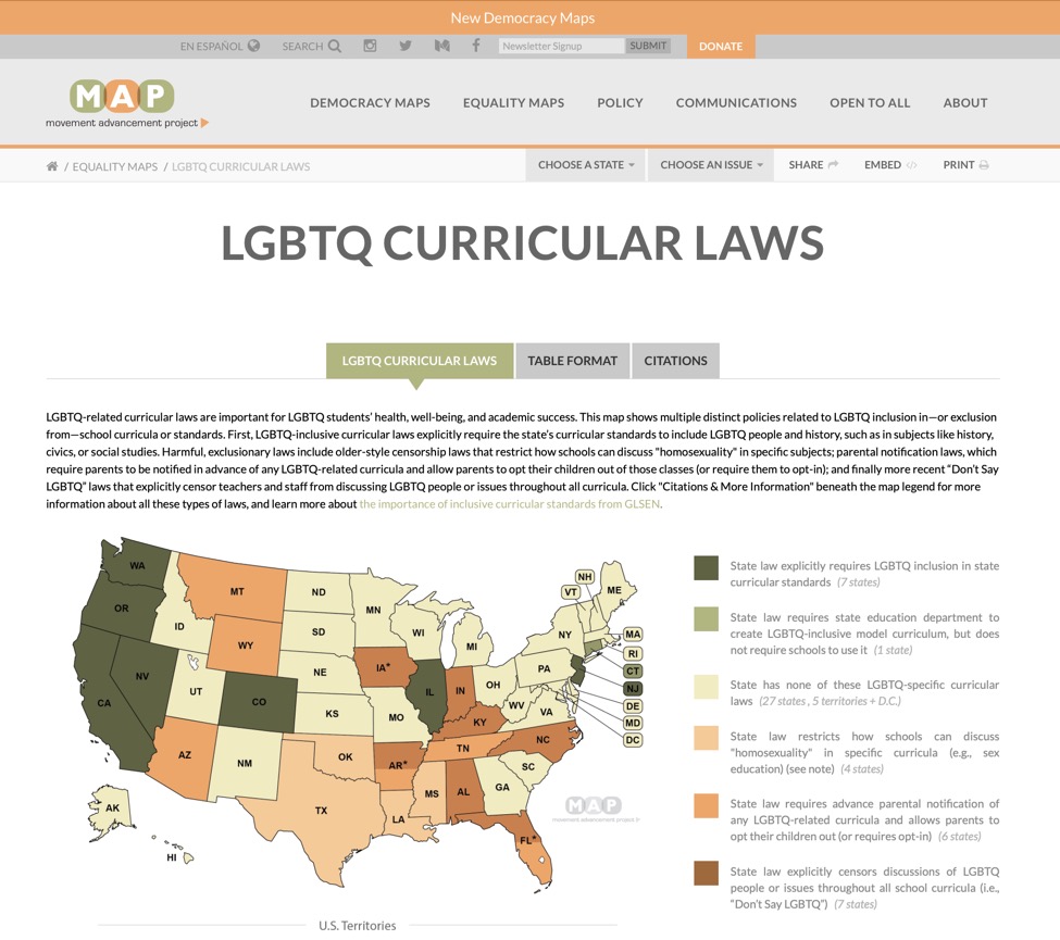 Screen shot of LGBTQ Curricular Laws