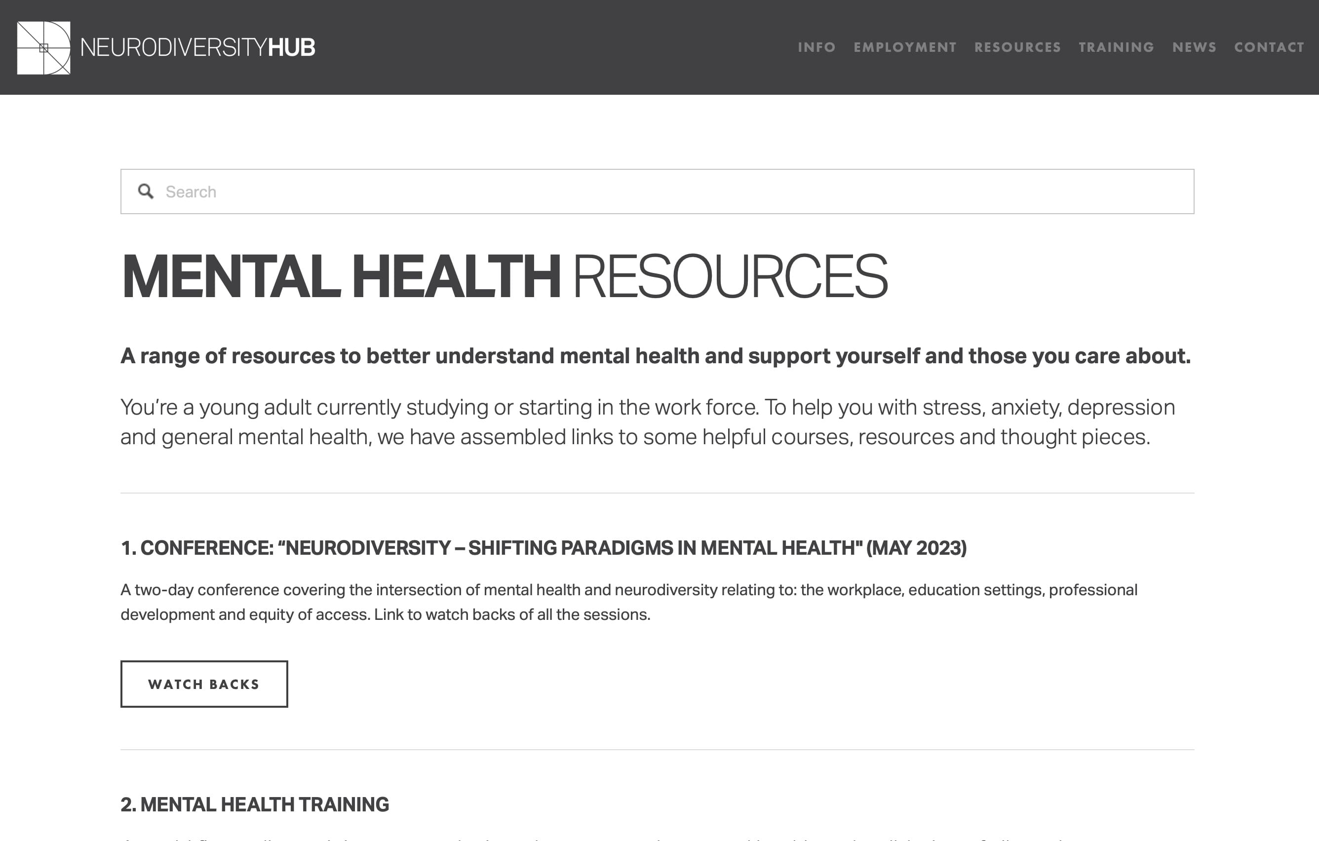 Screen grab of Mental Health Resources