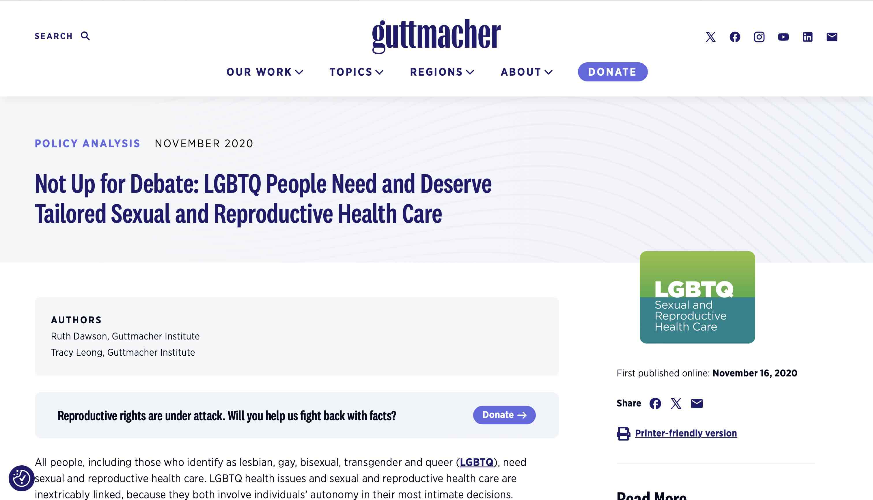 Screenshot of Not Up for Debate: LGBTQ People Need and Deserve Tailored Sexual and Reproductive Health Care