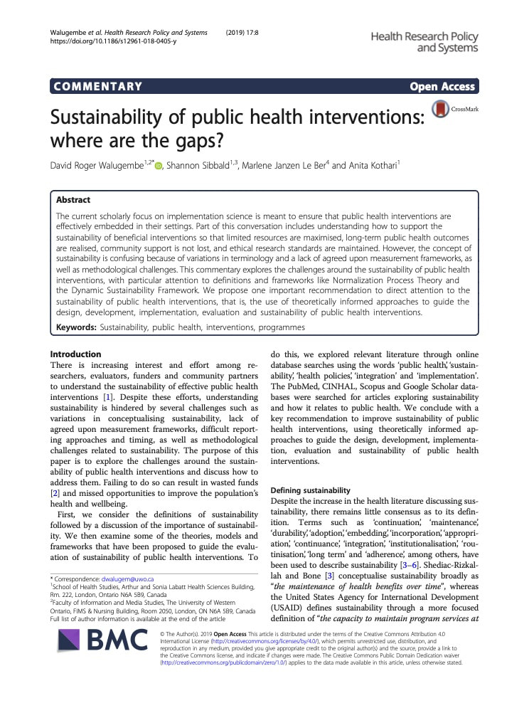 PDF cover page of Sustainability of Public Health Interventions