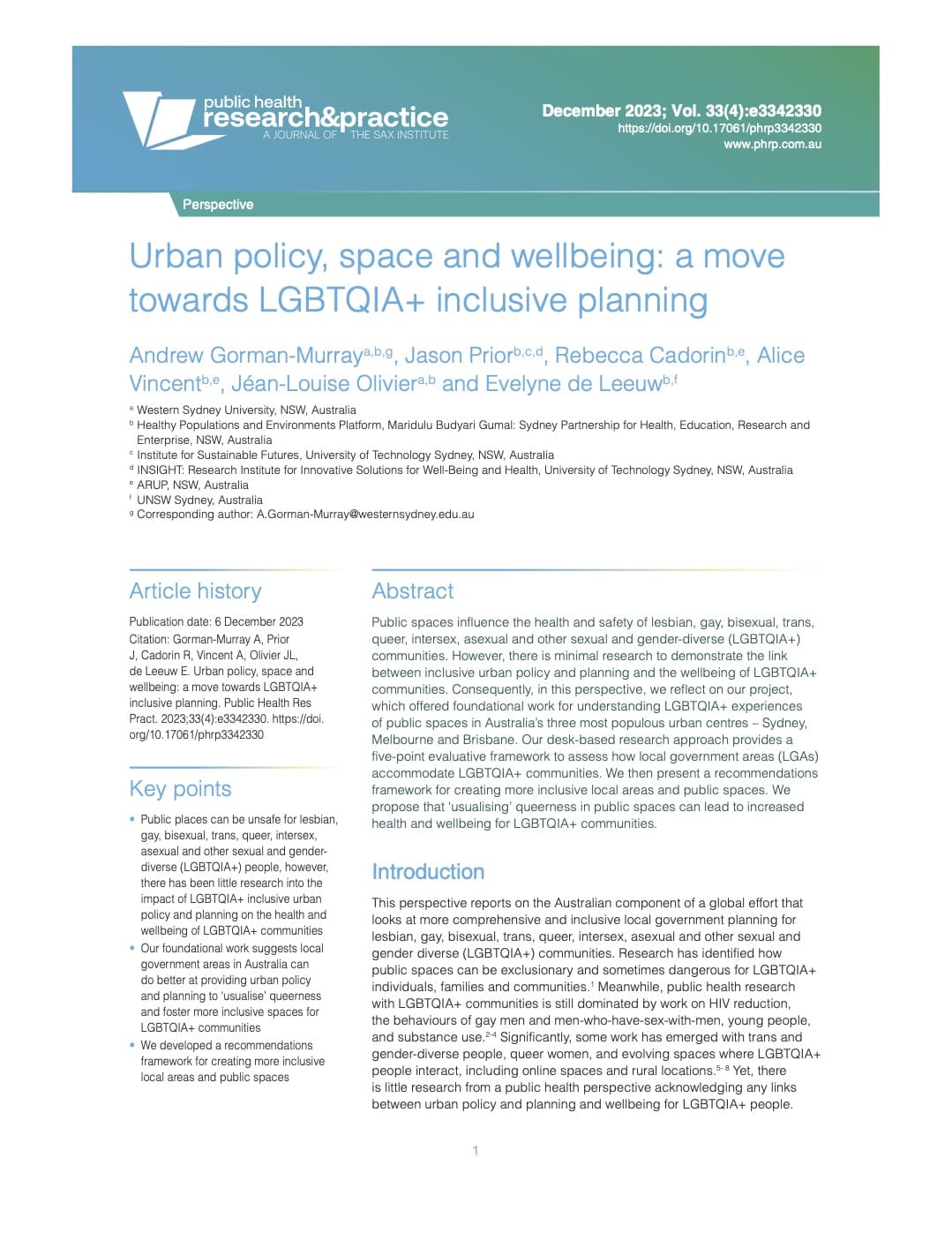 First page of Urban Policy, Space and Wellbeing: A Move Towards LGBTQIA+ Inclusive Planning