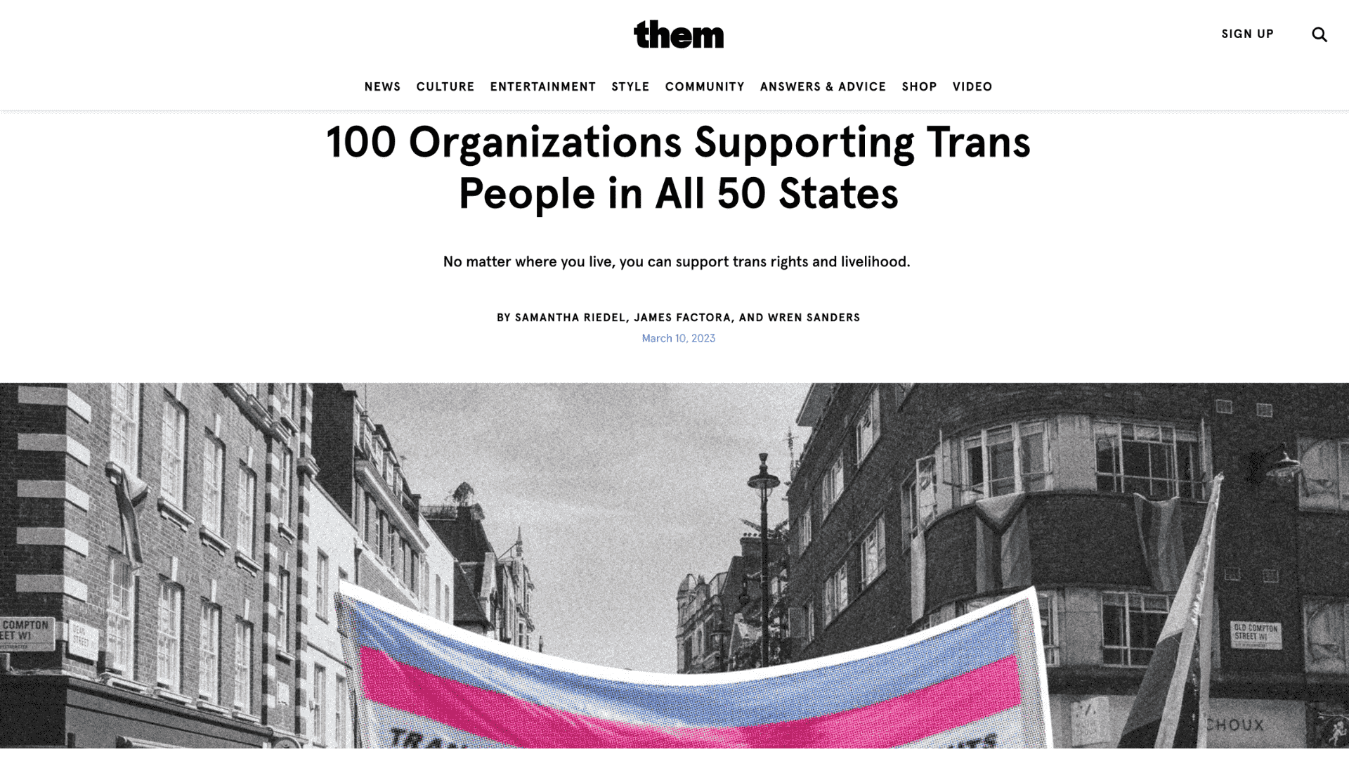 Screen capture of 100 Organizations Supporting Trans People in All 50 States