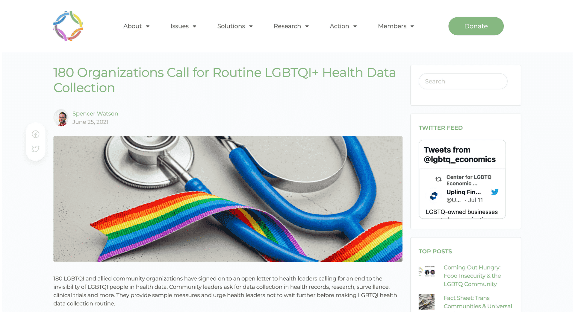 Screenshot of article photo: 180 Organizations Call for Routine LGBTQI+ Health Data Collection