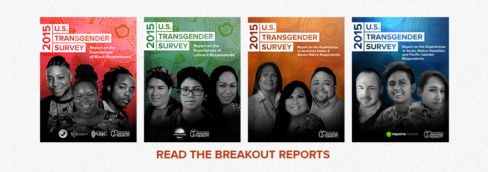 2015 U.S. Transgender Survey breakout report covers for Black, Latinx/o/a, American Indian and Alaska Native, and Asian, Native Hawaiian and Pacific Islander respondents