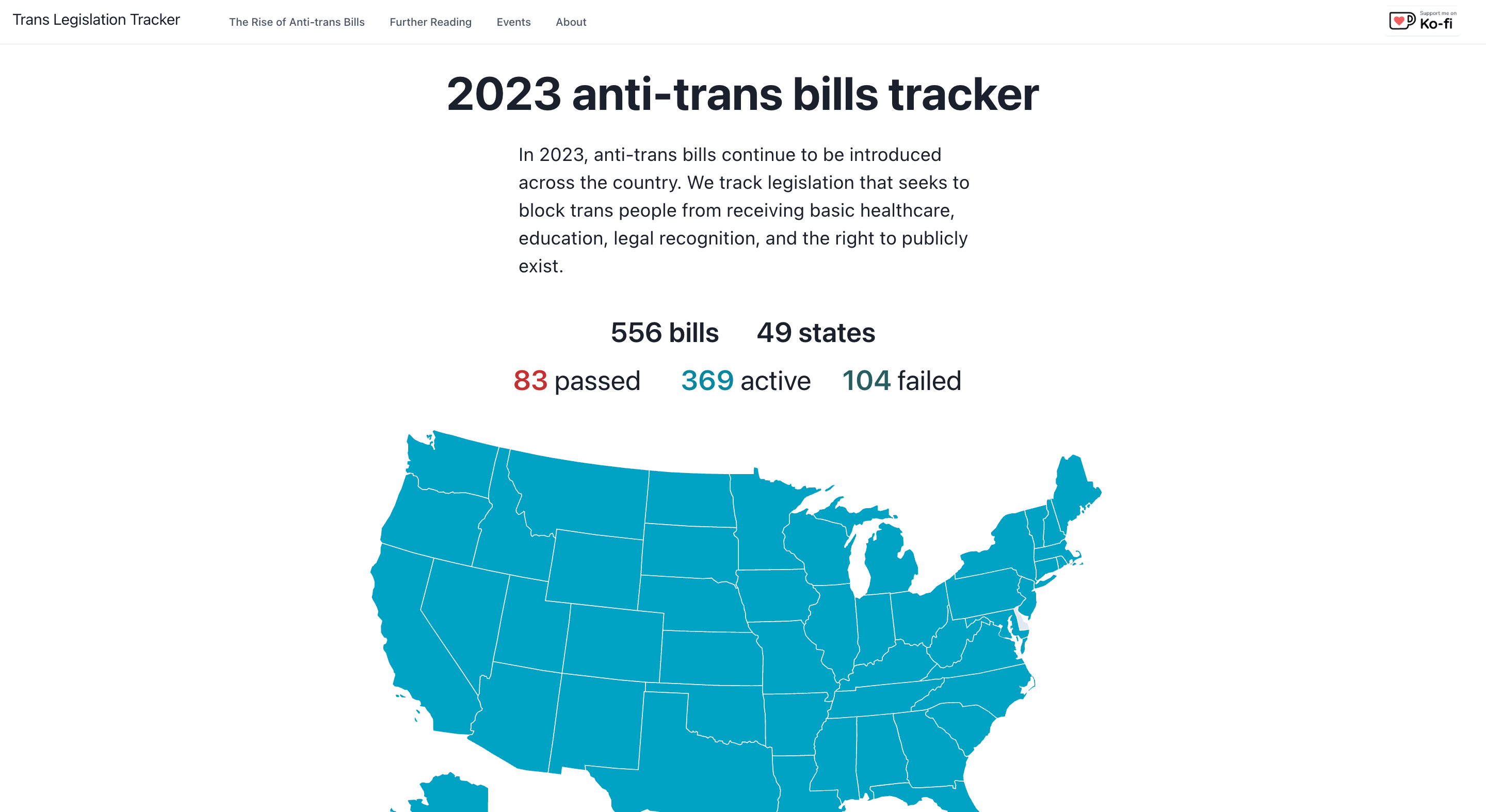 Screen capture of 2023 Anti-Trans Bills Tracker
