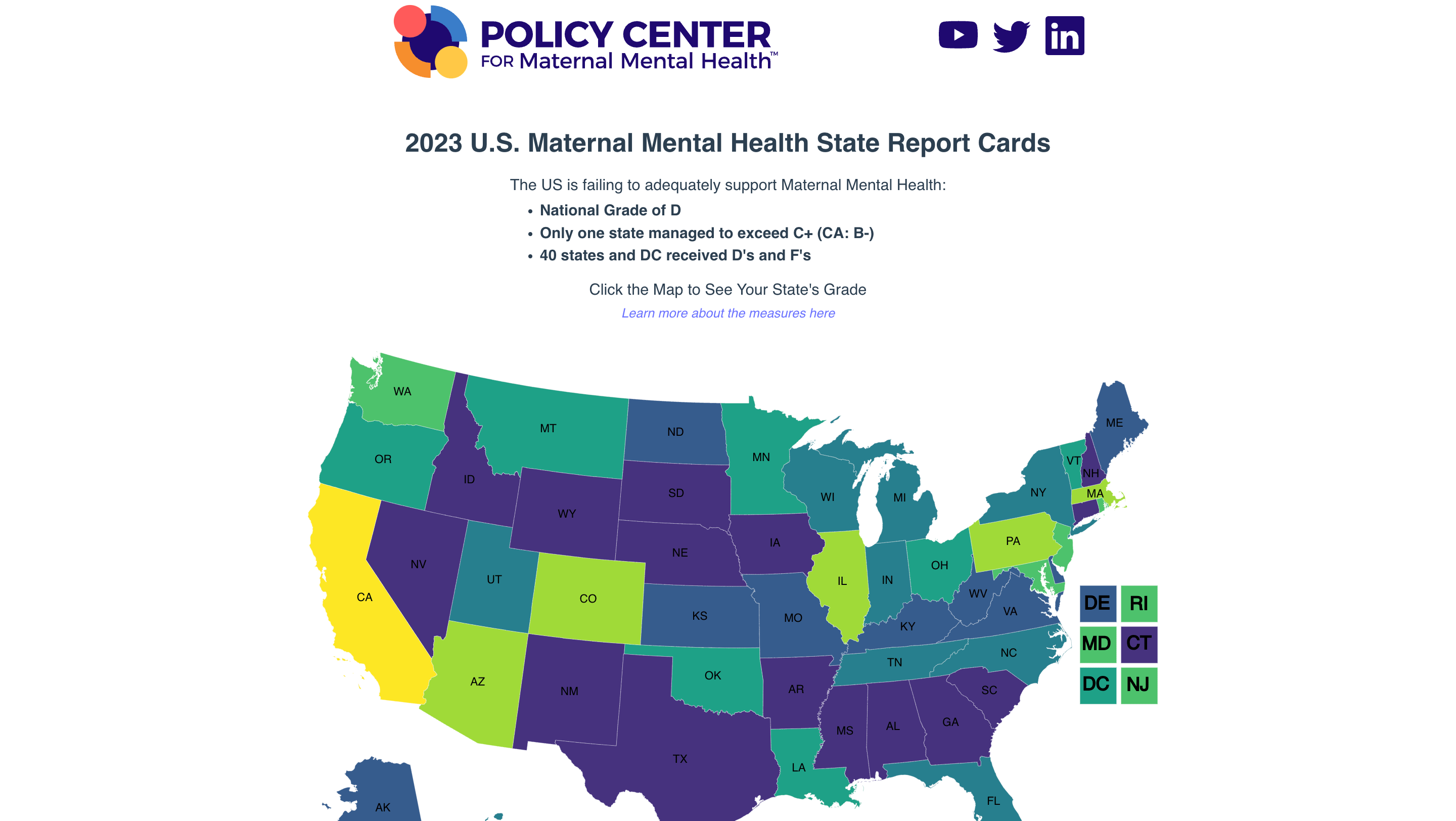 Screen capture of 2023 U.S. Maternal Mental Health State Report Cards map
