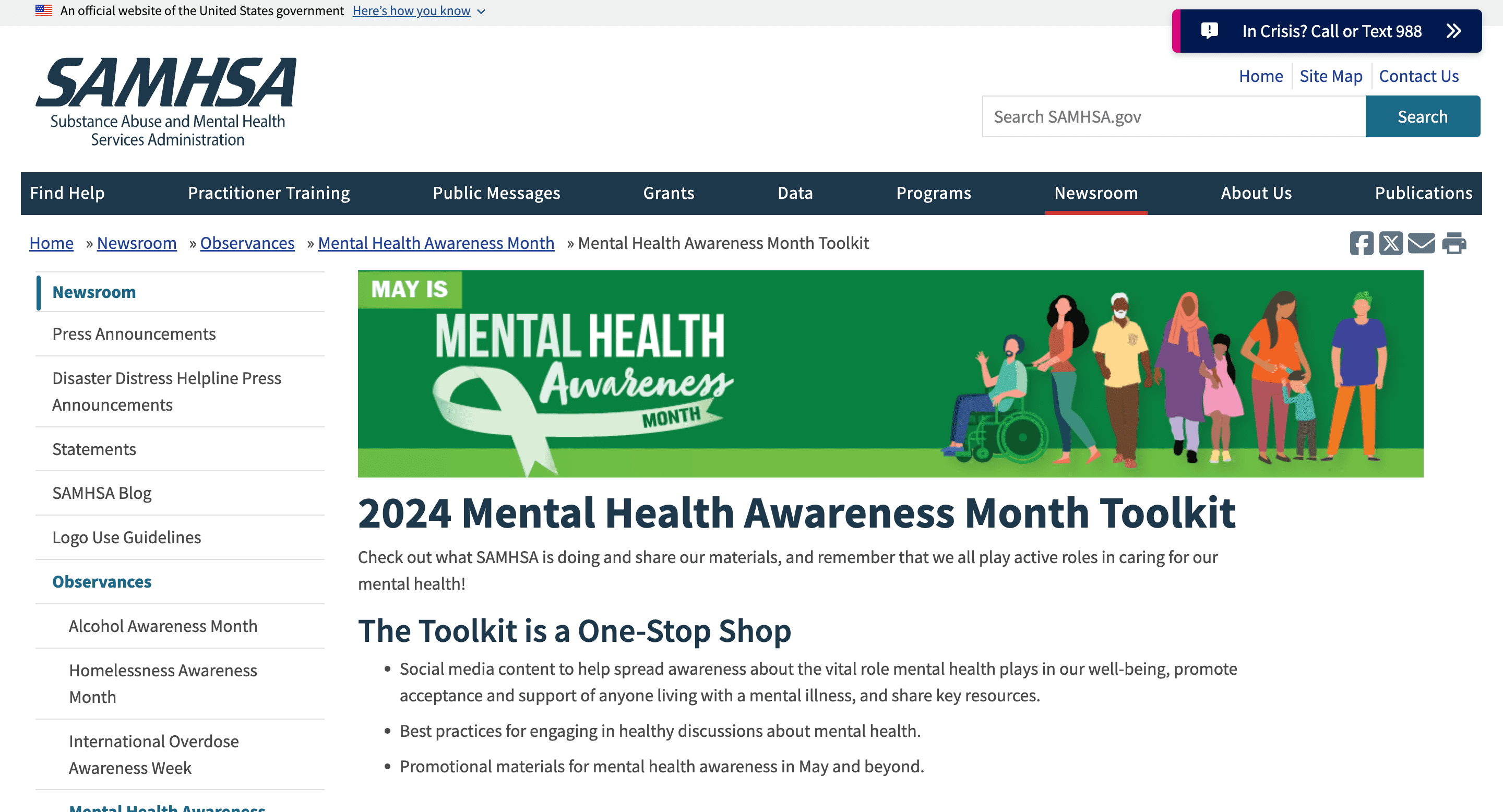 Screen capture of Mental Health Awareness Month Toolkit landing page