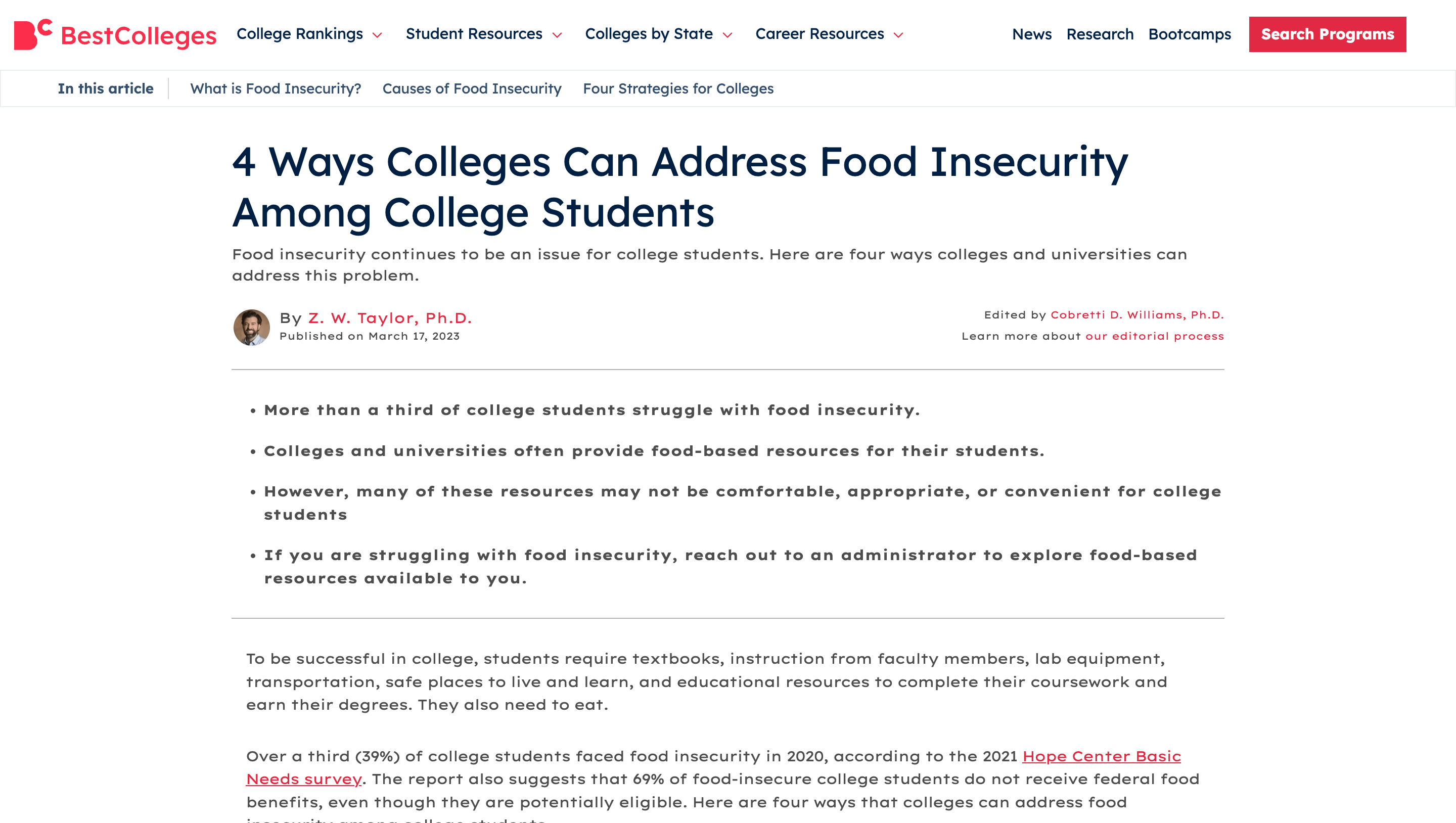 Screen capture of '4 Ways Colleges Can Address Food Insecurity Among College Students' webpage