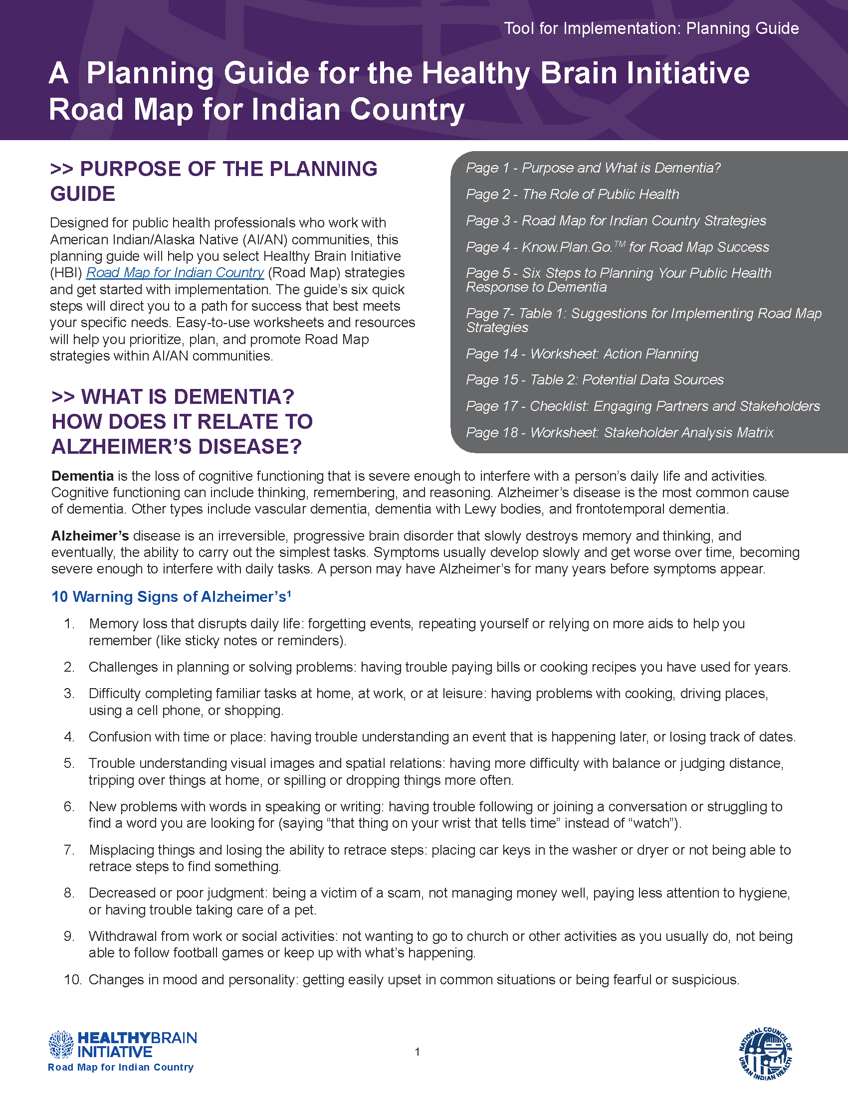 PDF Cover page: A Planning Guide for the Healthy Brain Initiative Road Map for Indian Country