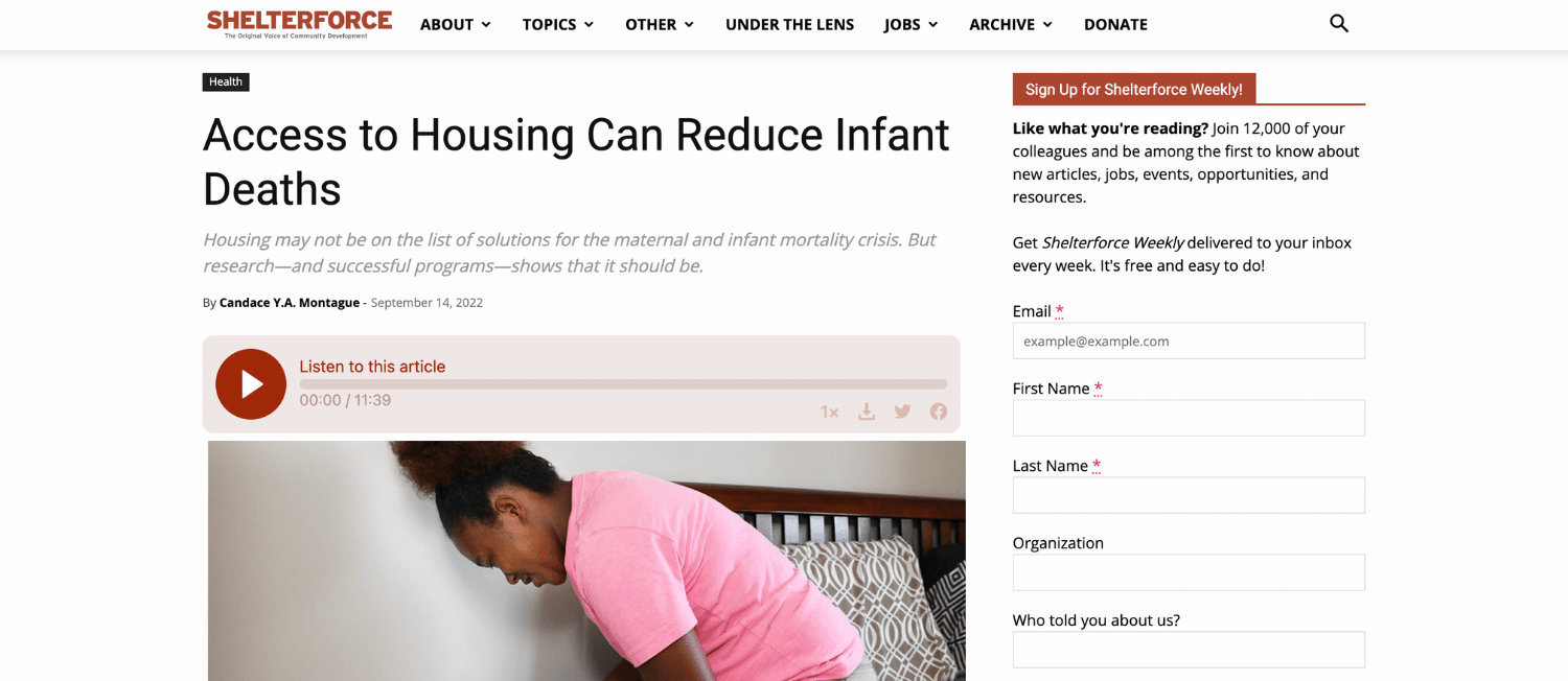 Screen capture of Access to Housing Can Reduce Infant Deaths