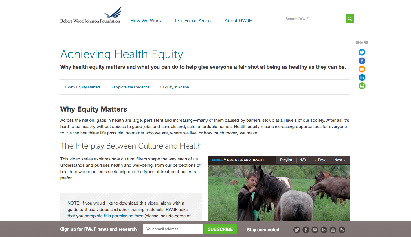 Screen Grab of Robert Wood Johnson Foundation's Achieving Health Equity resource