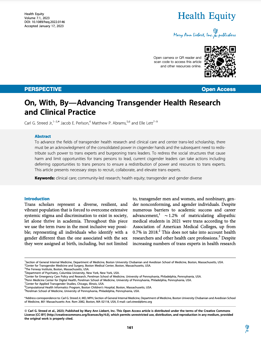 First page of On, With, By—Advancing Transgender Health Research and Clinical Practice