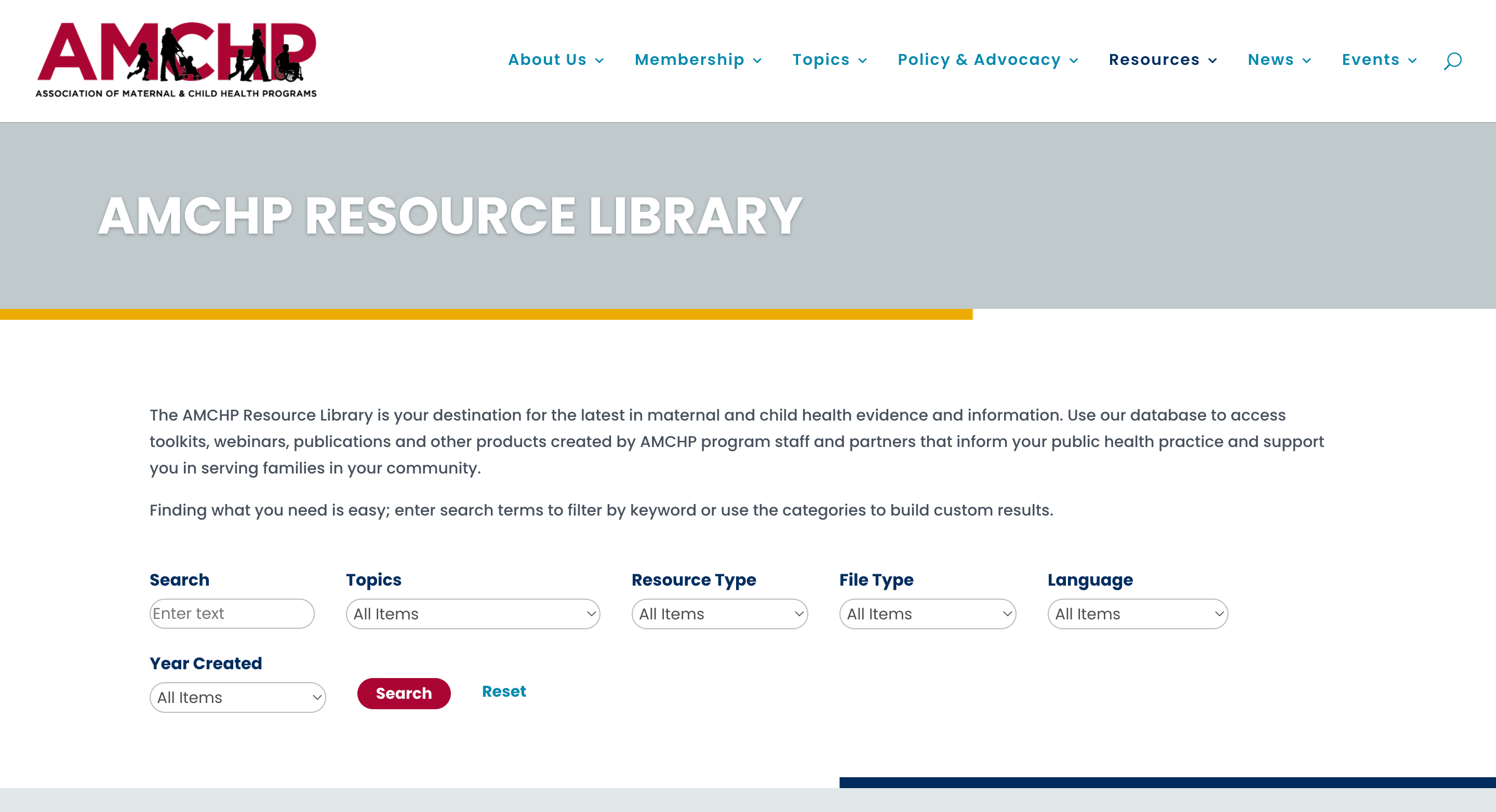 Screen capture of AMCHP Resource Library webpage