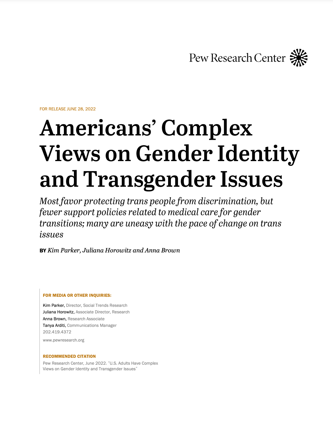 Cover page of Americans' Complex Views on Gender Identity and Transgender Issues