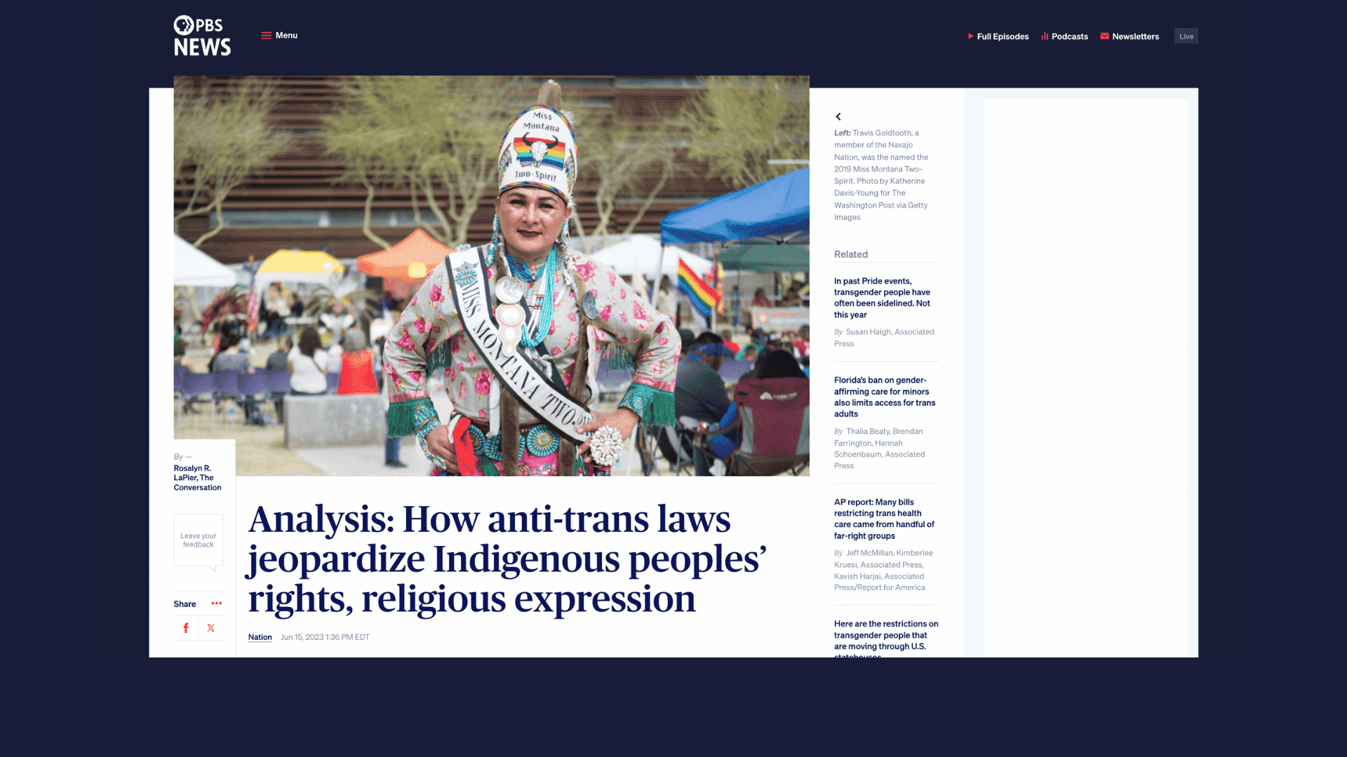 Screen capture of Analysis: How Anti-Trans Laws Jeopardize Indigenous Peoples’ Rights, Religious Expression article