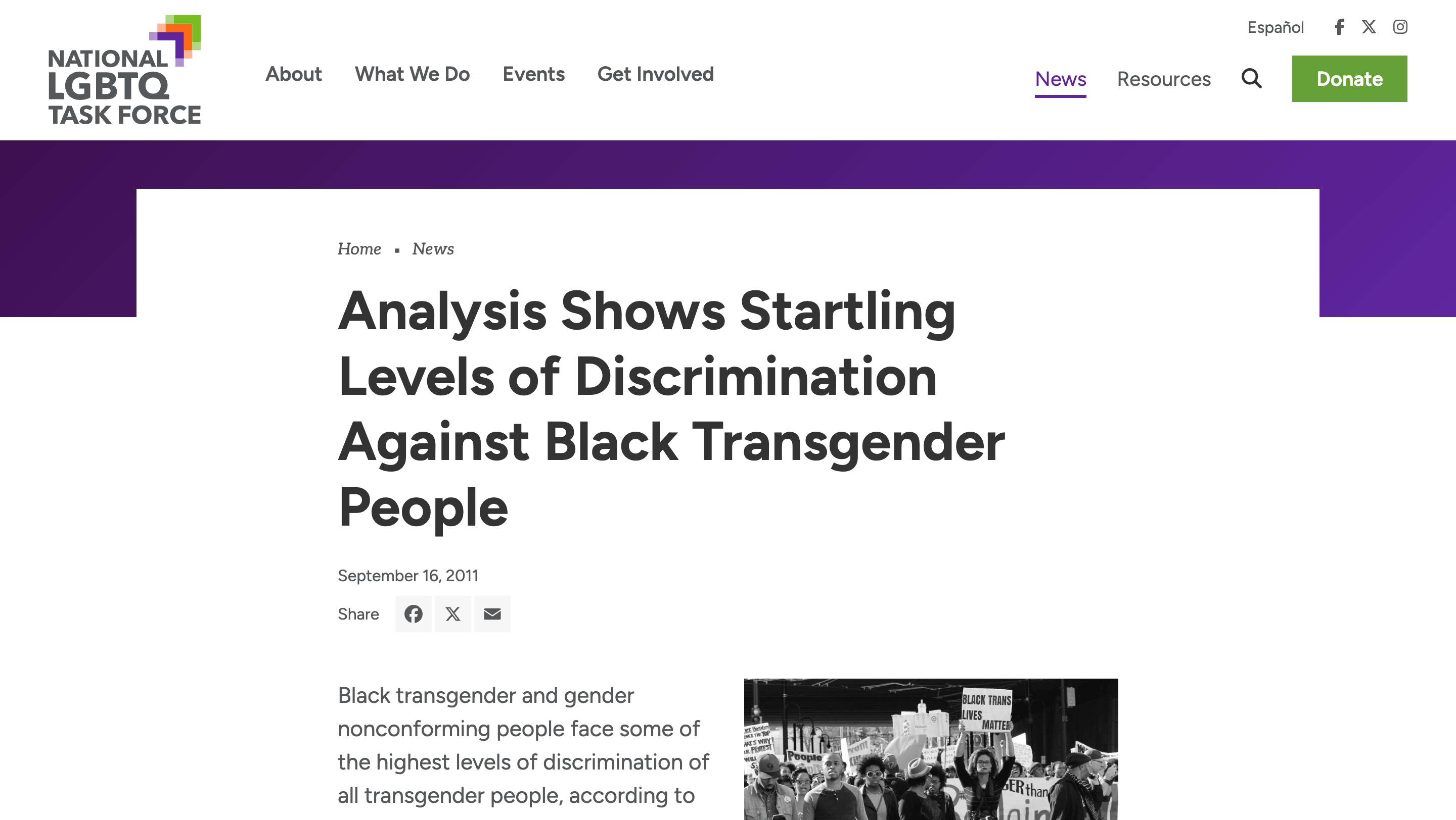 Screen capture of Analysis Shows Startling Levels of Discrimination Against Black Transgender People article