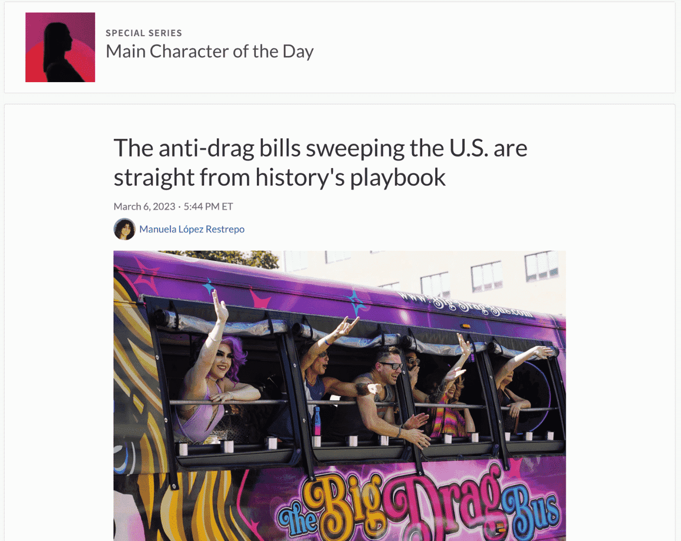 Screen capture of The Anti-Drag Bills Sweeping the U.S. Are Straight From History's Playbook article