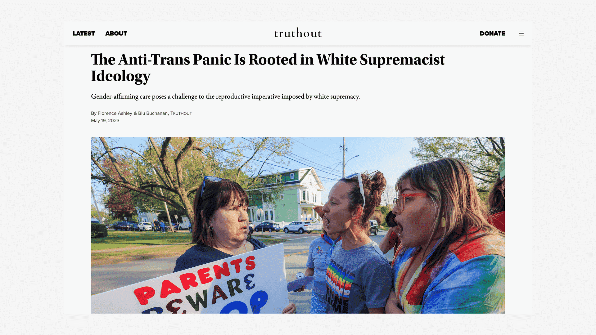 Screen capture of The Anti-Trans Panic Is Rooted in White Supremacist Ideology article.