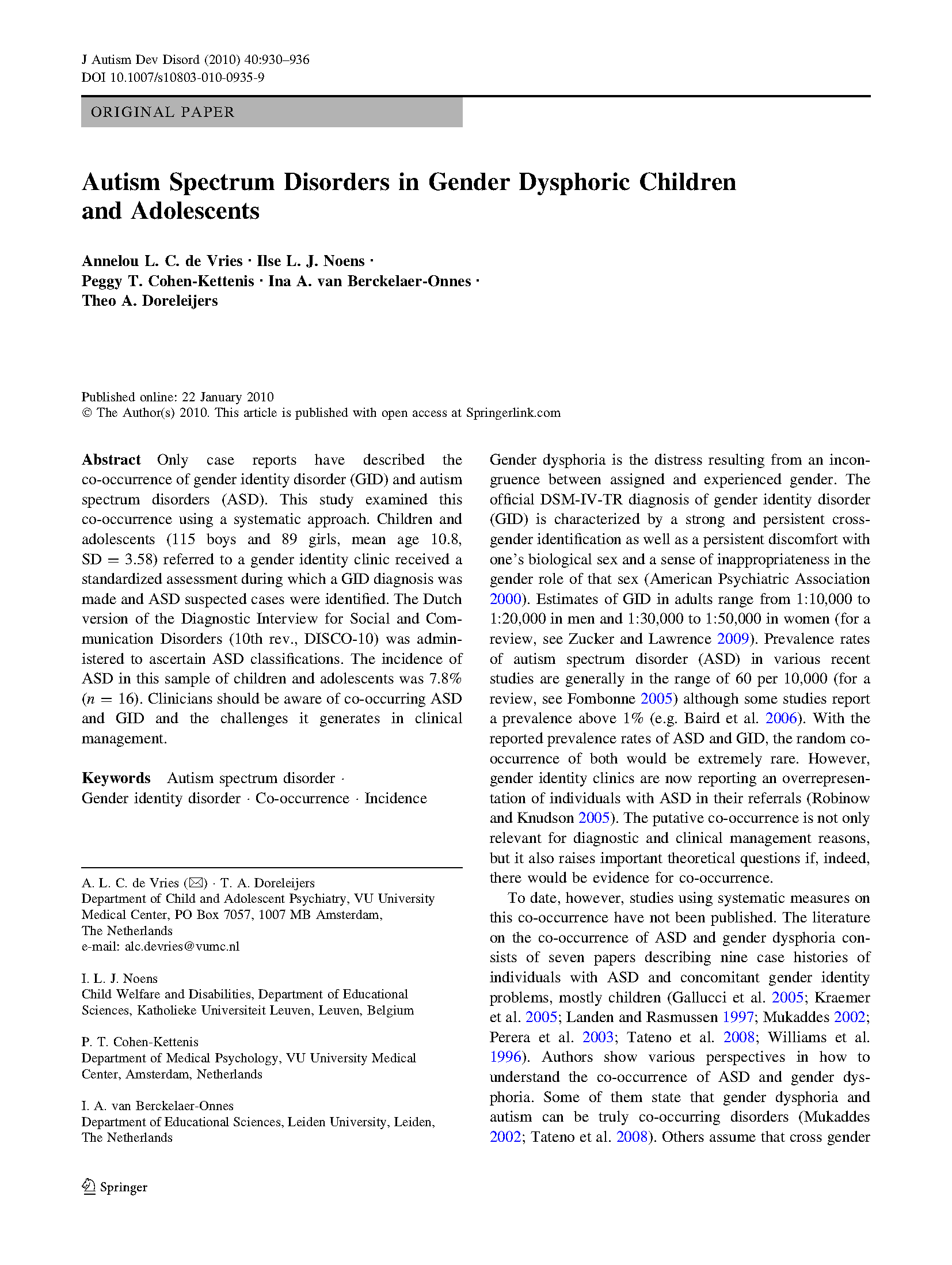 PDF Cover: Autism Spectrum Disorders in Gender Dysphoric Children and Adolescents