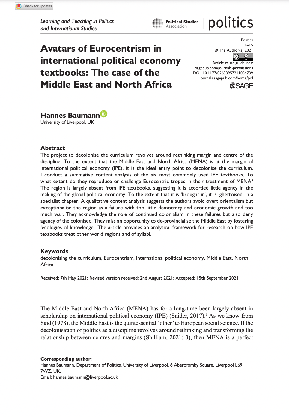 First page of Avatars of Eurocentrism in International Political Economy Textbooks: The Case of the Middle East and North Africa