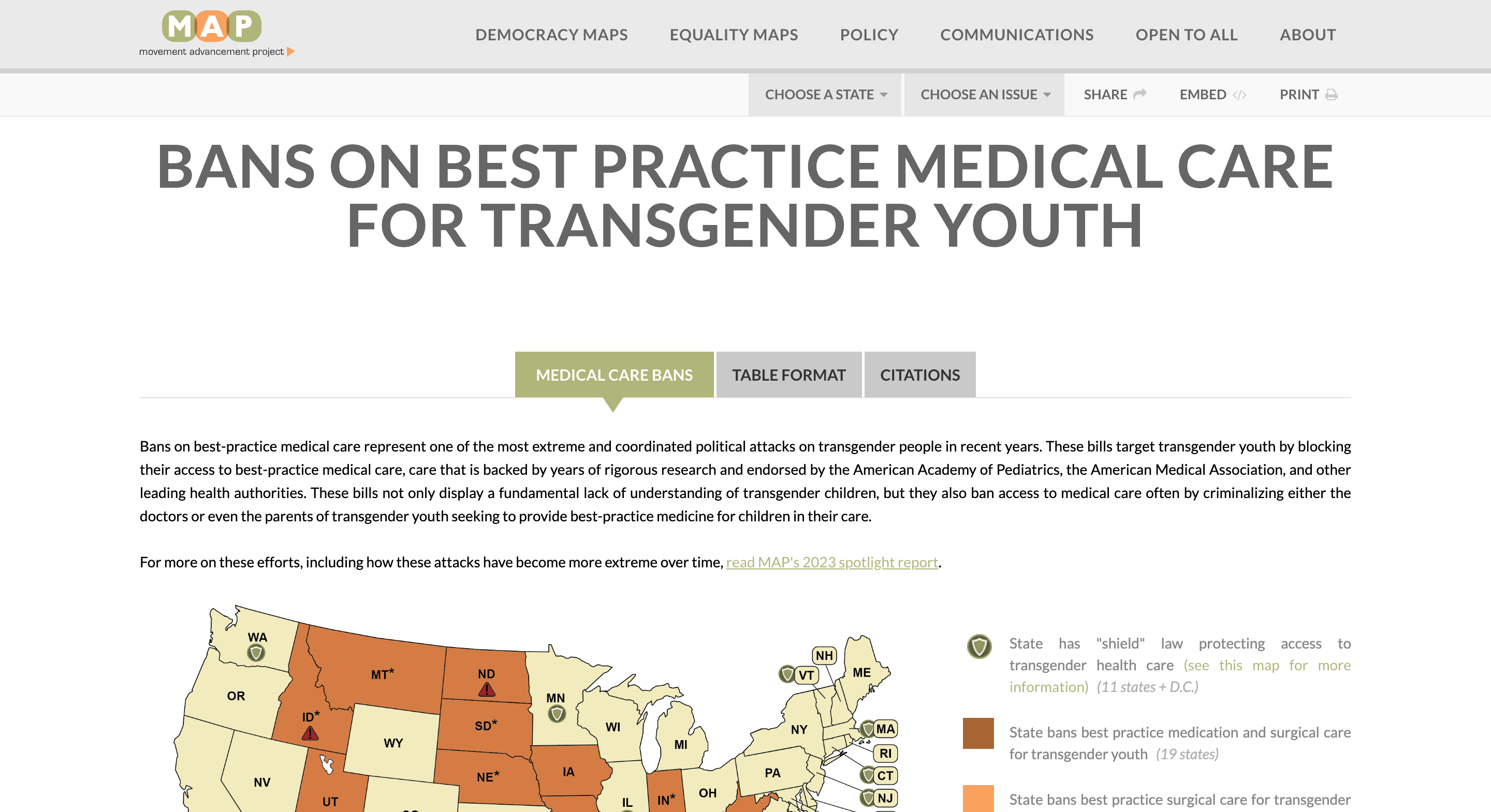 Screen capture of Bans on Best Practice Medial Care for Transgender Youth