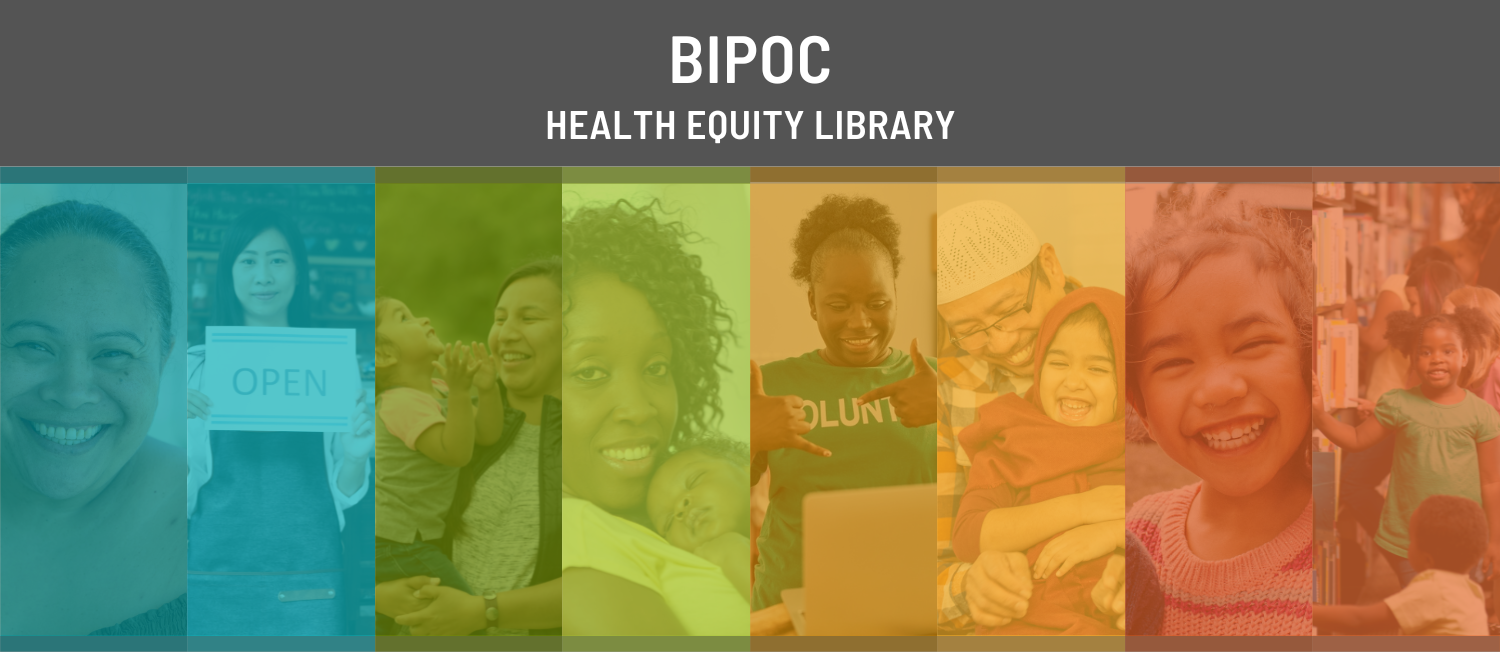 Collage of images of Black, Indigenous, and People of Color with teal, olive green, golden yellow, and burnt orange transparent overlays. Bold white text on charcoal background at the top reads 