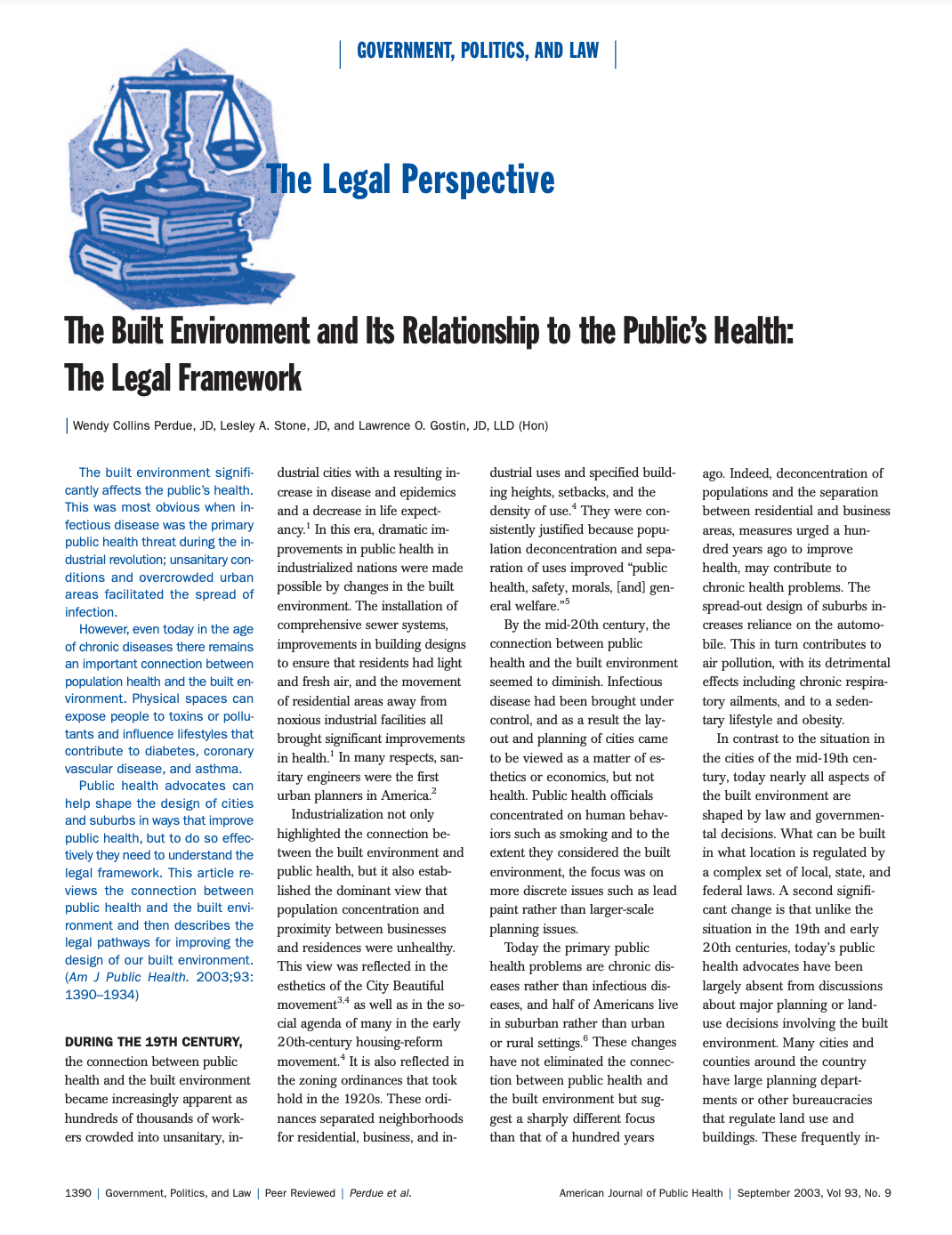 First page of The Built Environment and Its Relationship to the Public's Health: The Legal Framework