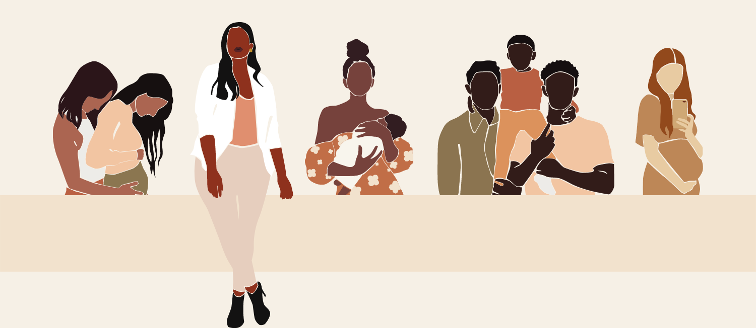 Illustrations of women, parents, families, and queer people representing the many aspects of reproductive justice
