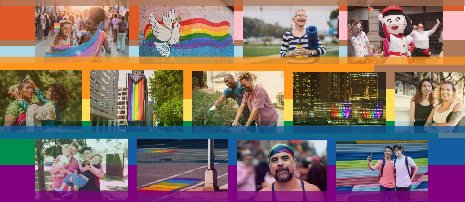 A collage of images of LGBTQ+ people and LGBTQ+ safe spaces.