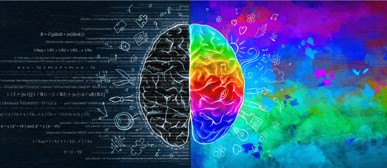 Illustration of a brain with black and white symbols and numbers on the left, and colorful abstract paint on the right