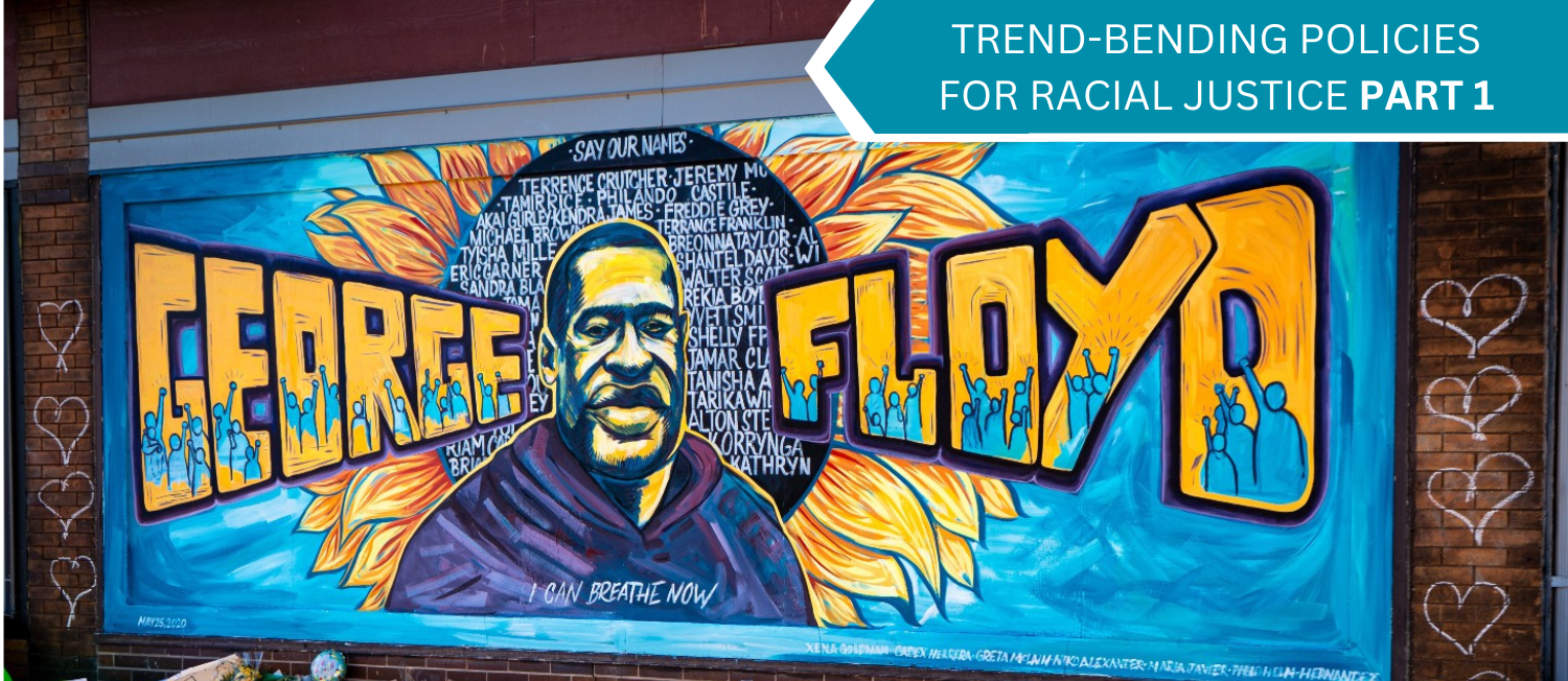 Image of a mural depicting George Floyd. A blue banner in the top right corner reads 