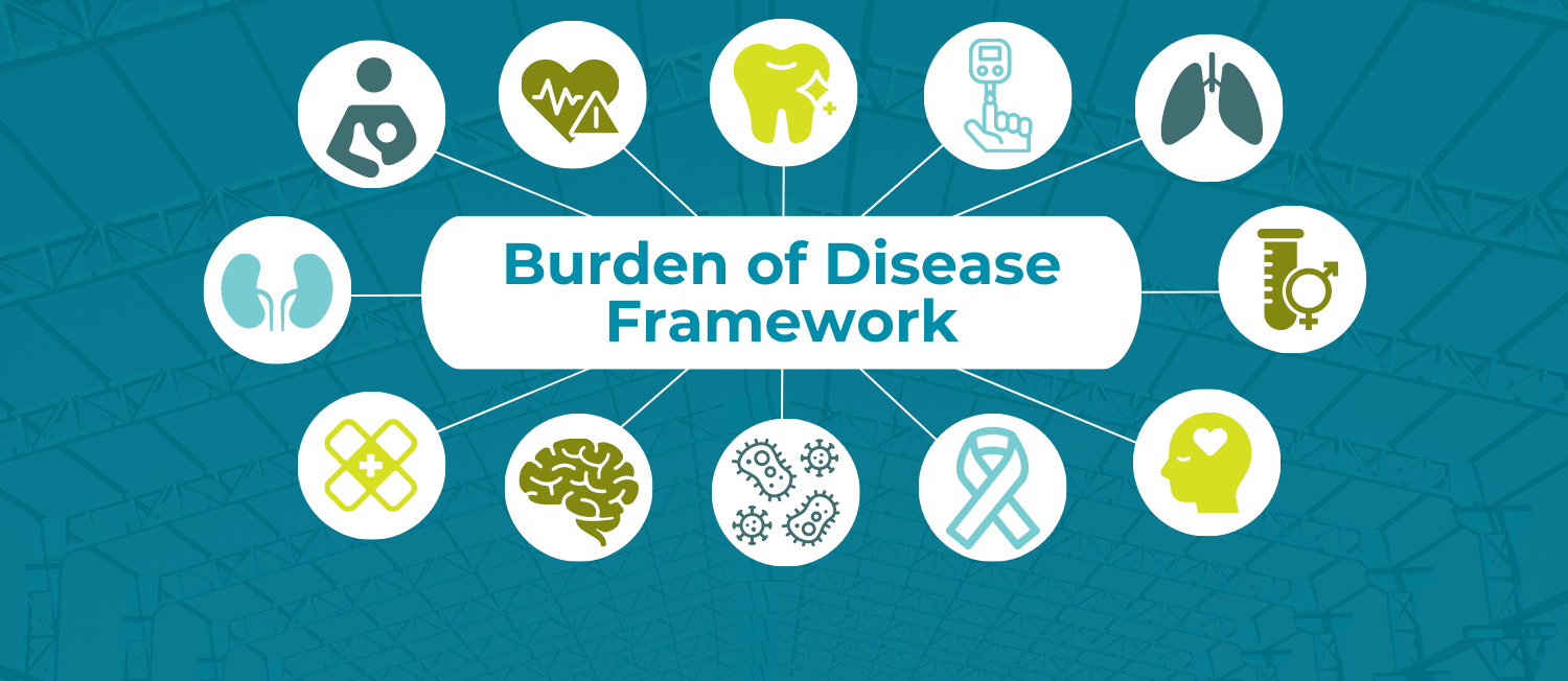 Graphic depicting the domains of the Burden of Disease Framework