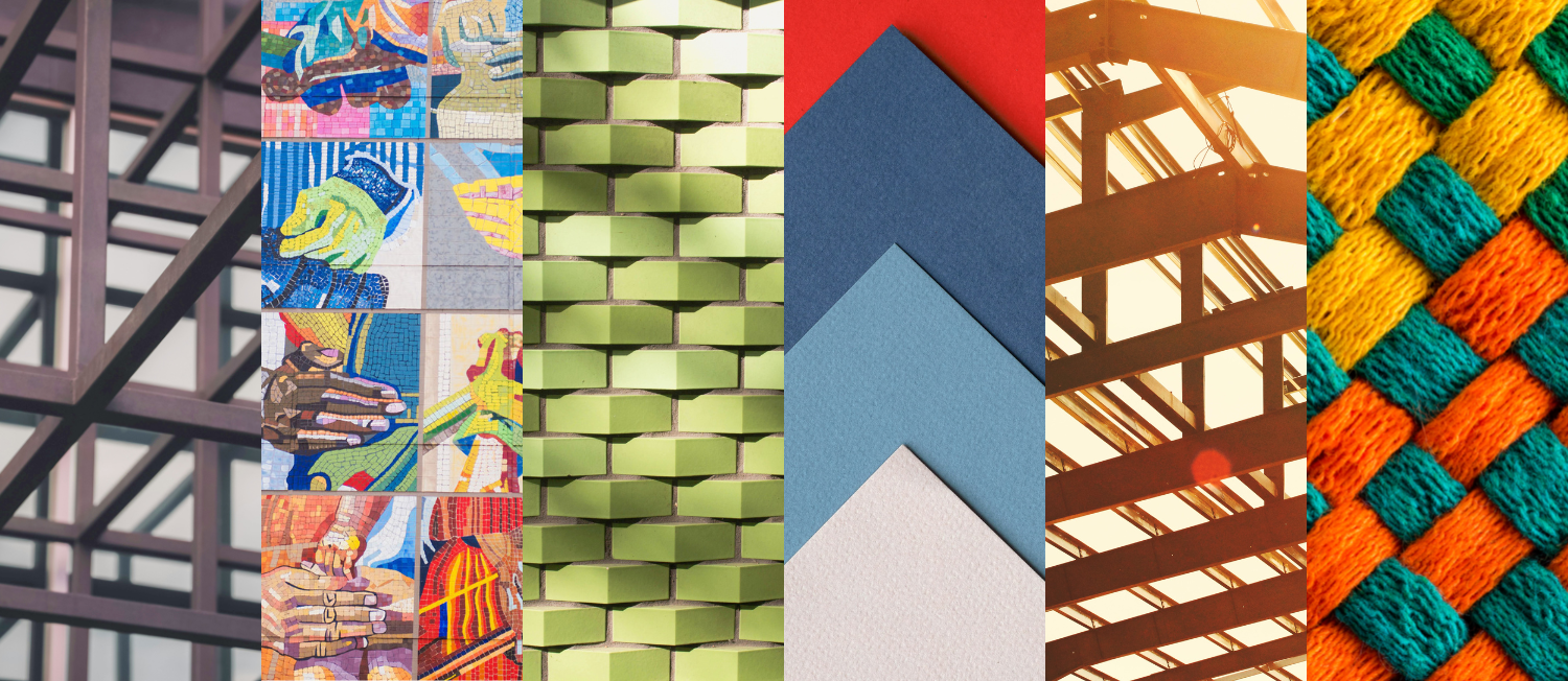 Collage of photos of metal scaffolding, weaving, and other imagery depicting frameworks.