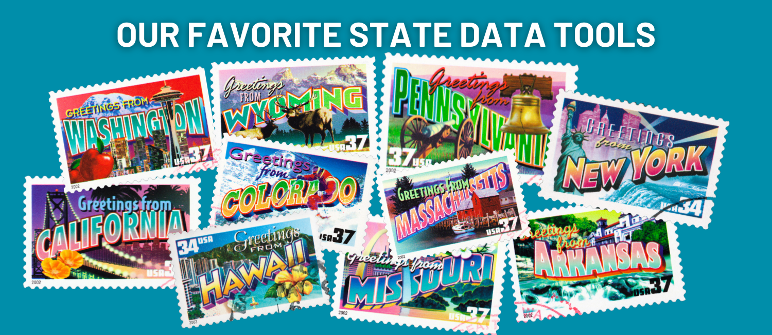 State postage stamps on a blue background. White text reads 