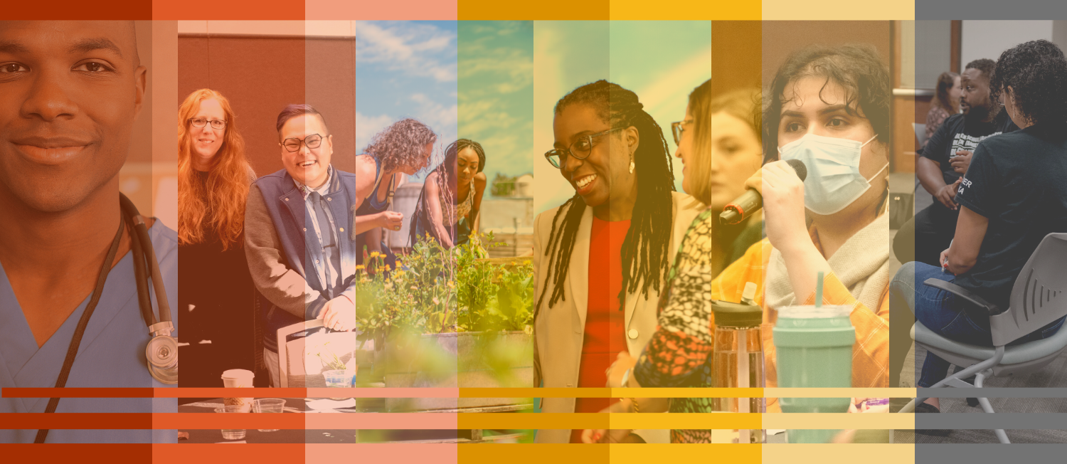 A collage of photos of people and community members, each with a different color overlay.