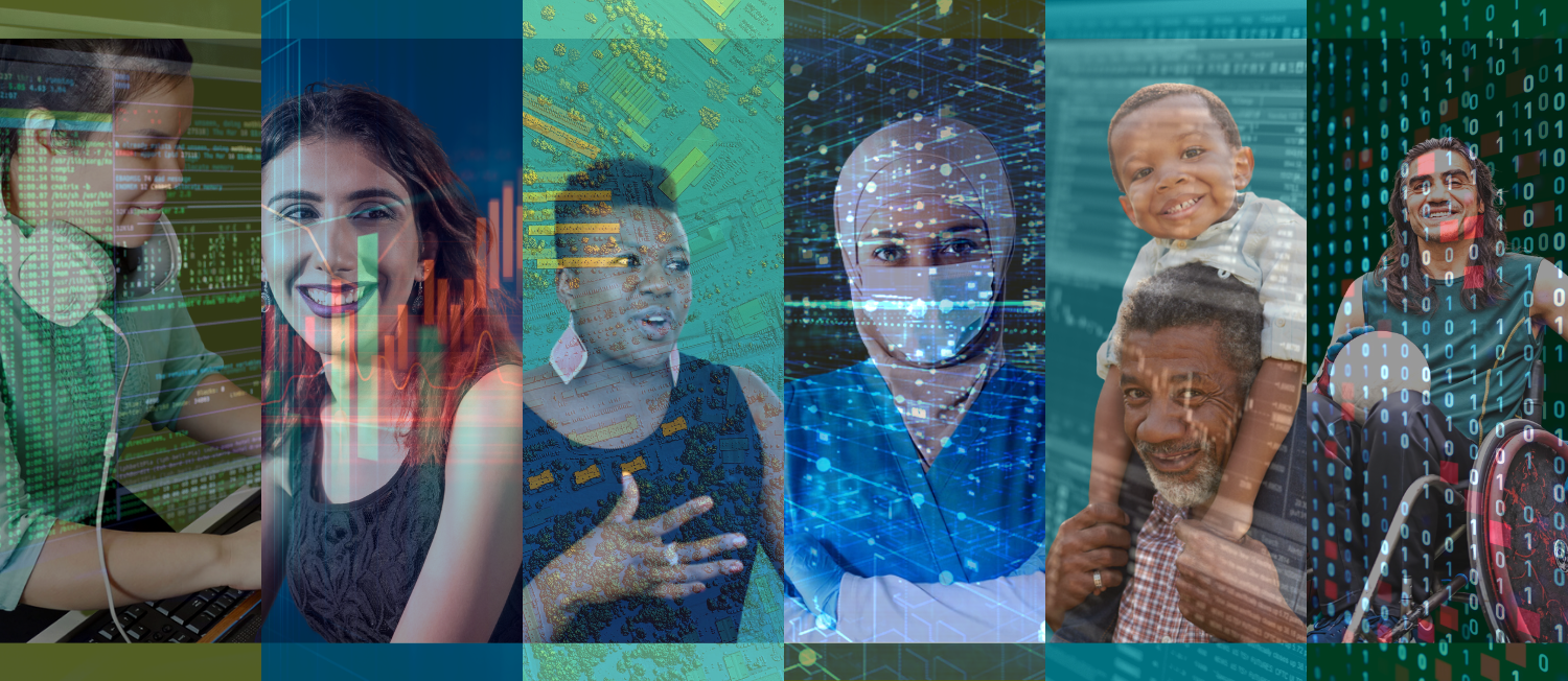 of photo of a person or persons split into six sections with coding or data overlays