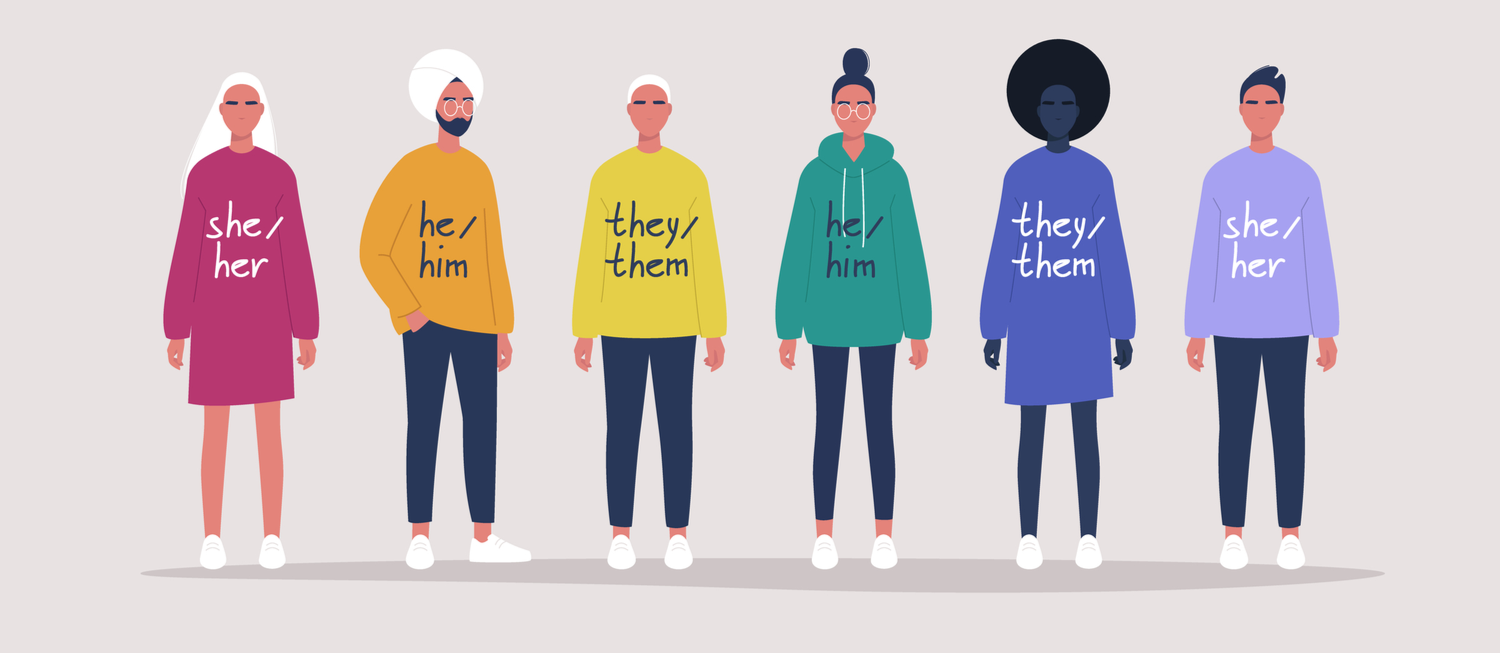 Illustration of six people standing side-by-side, each with a different color shirt (red, orange, yellow, green, blue, purple) and their pronouns written across their chest.