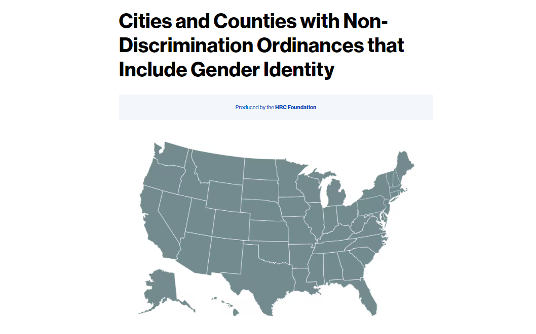 Screenshot of website: Cities and Counties with Non-Discrimination Ordinances that Include Gender Identity