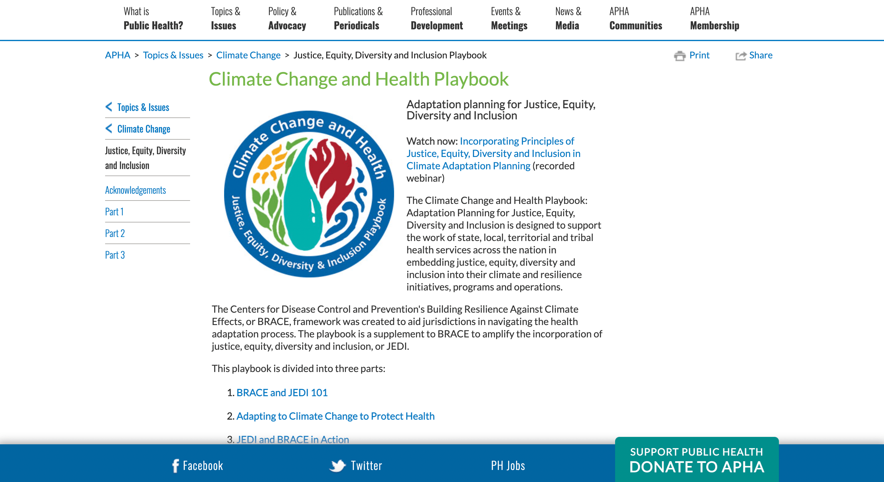 Screen capture of The Climate Change and Health Playbook: Adaptation Planning for Justice, Equity, Diversity and Inclusion