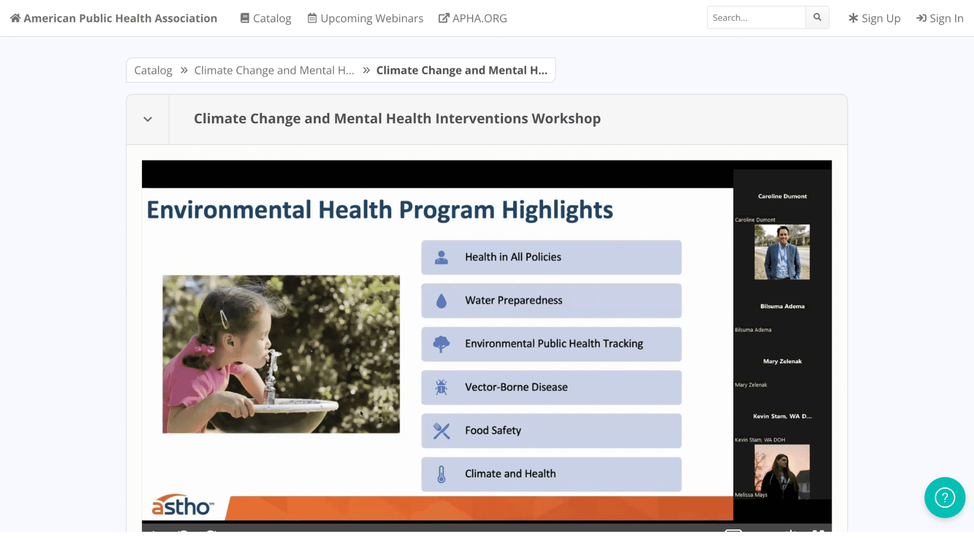 Screen capture of Climate Change and Mental Health Interventions Workshop landing page
