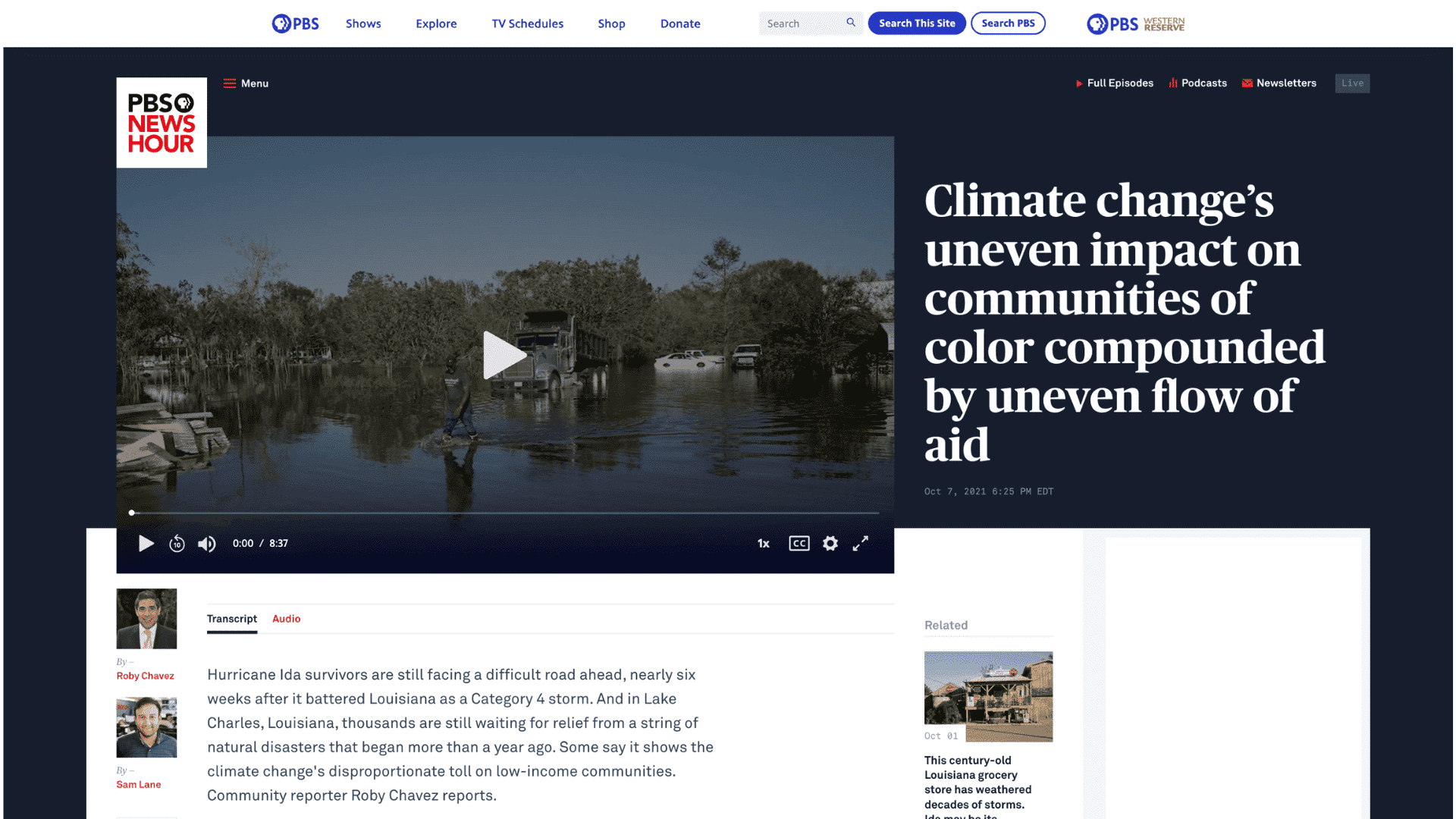 Screen capture of 'Climate Change’s Uneven Impact on Communities of Color Compounded by Uneven Flow of Aid' article