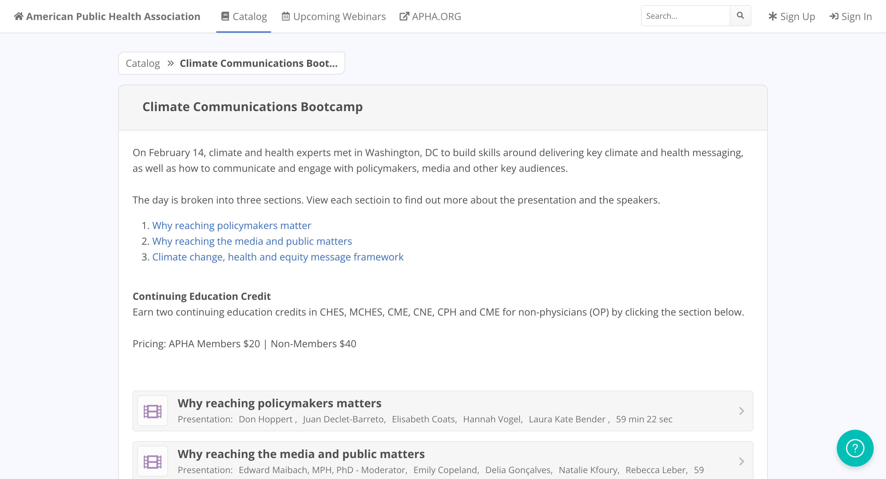 Screen capture of Climate Communications Bootcamp landing page