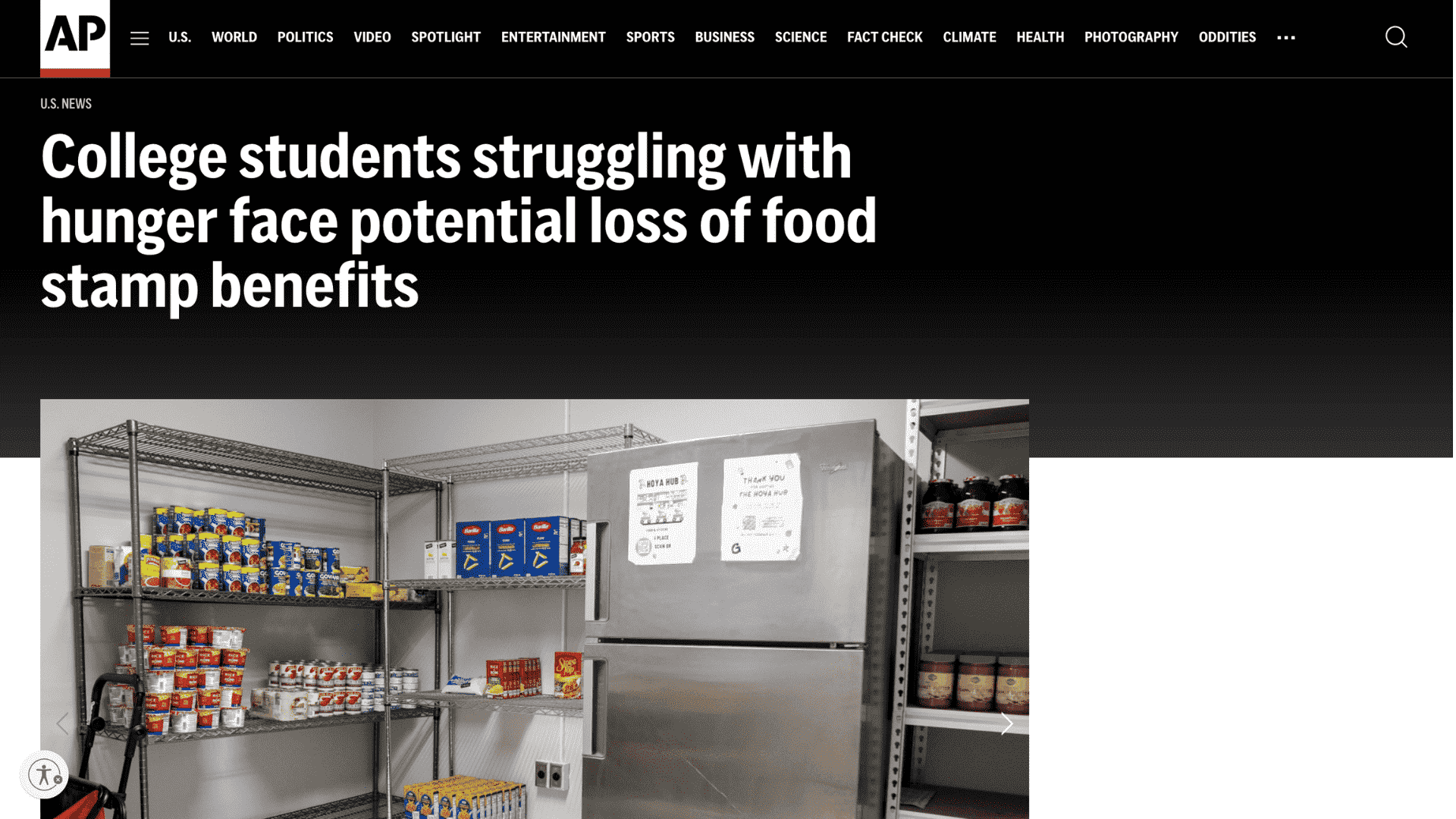 Screen capture of 'College Students Struggling With Hunger Face Potential Loss of Food Stamp Benefits' article