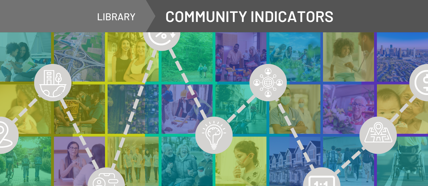 Banner image for the Community Indicator Library that includes a collage of photos of people from diverse backgrounds in various community settings overlayed with a set of icons representing data elements for the Indicators contained within the Library