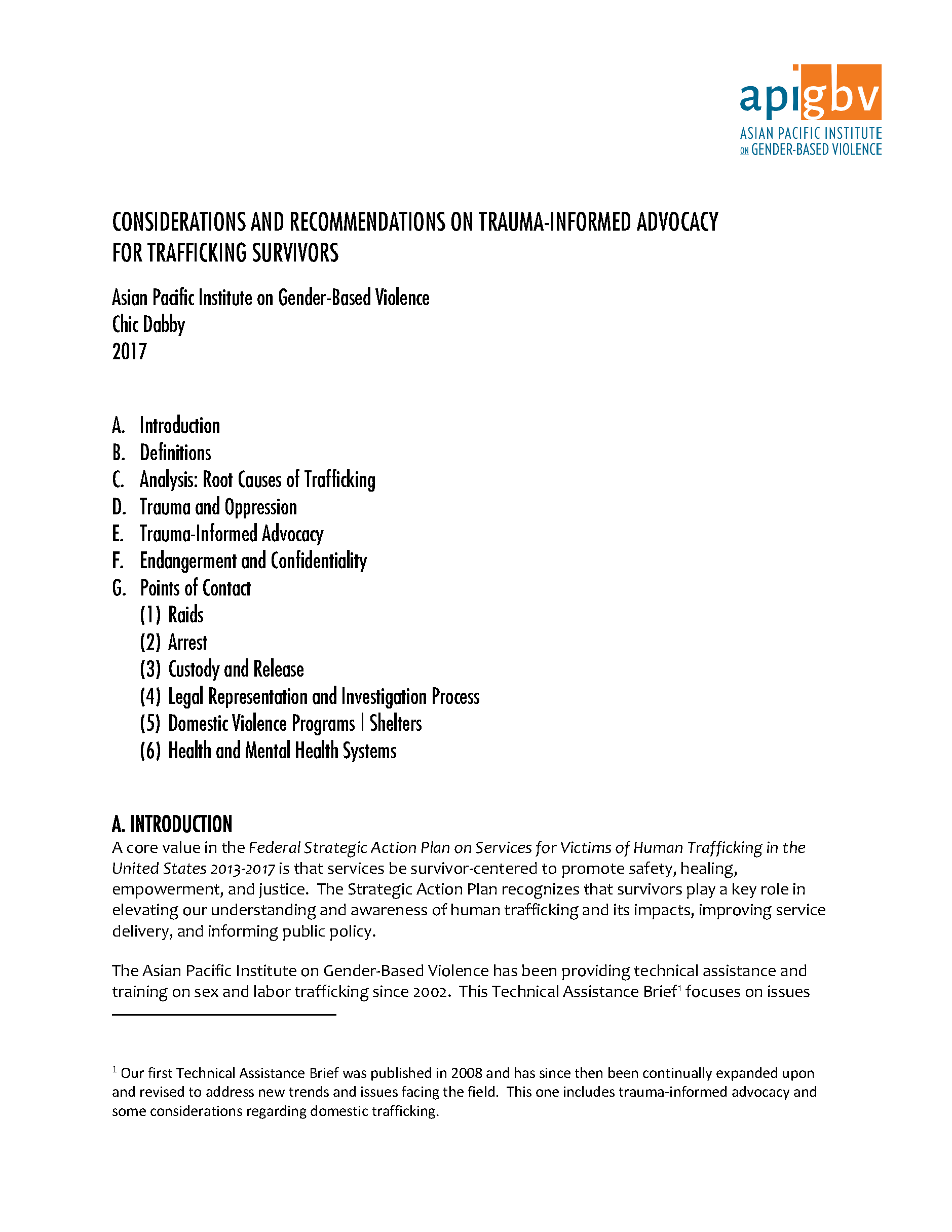 PDF Cover Page: Considerations and Recommendations on Trauma-Informed Advocacy for Trafficking Survivors, 2017