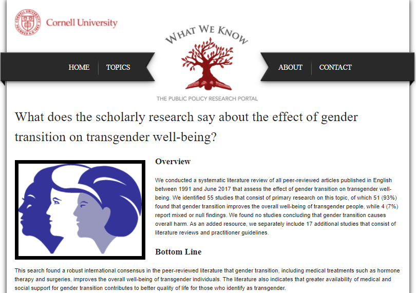 Screenshot of webpage: What does the scholarly research say about the effect of gender transition on transgender well-being?